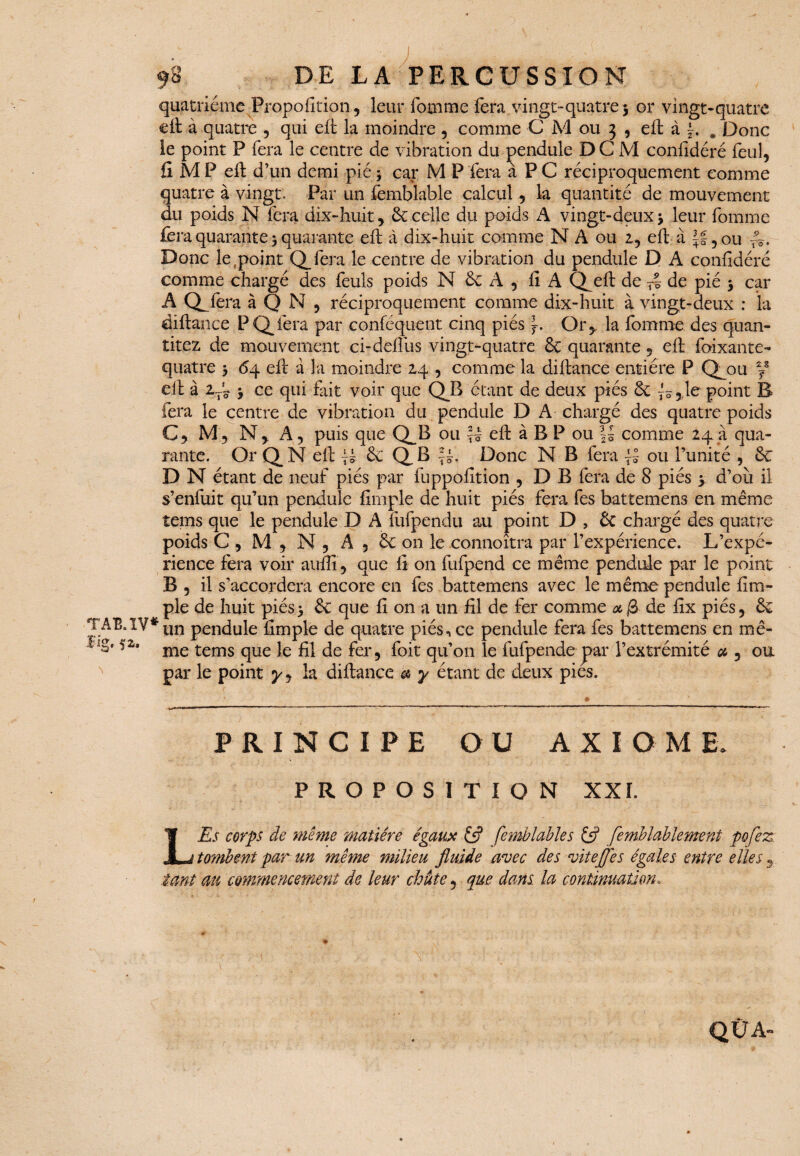 quatrième Proportion, leur fomme fera vingt-quatre 3 or vingt-quatre eil à quatre , qui eil la moindre , comme C M ou 5 5 eft à J. , Donc le point P fera le centre de vibration du pendule DCM coniidéré feul, fi MP eil d’un demi pié ; car M P fera à P C réciproquement comme quatre à vingt. Par un femblable calcul 9 la quantité de mouvement du poids N fera dix-huit 9 6c celle du poids A vingt-deux 3 leur femme fera quarante 3 quarante eil à dix-huit comme N A ou 2, eil à 5 ou Donc le,point Q_fera le centre de vibration du pendule D A coniidéré comme chargé des feuls poids N 6c A , ii A Q^eil de T| de pié 3 car A Q^fera à Q N , réciproquement comme dix-huit à vingt-deux : la diilance P fera par conséquent cinq piés Or> la fomme des quan- titez de mouvement ci-dellus vingt-quatre 6c quarante 9 eil foixante- quatre 3 64 eil a la moindre 24 , comme la diilance entière P Qmu Ÿ eil à 2-t • ce qui fait voir que QB étant de deux piés 6c le point B fera le centre de vibration du pendule D A chargé des quatre poids C9 M? N9 A, puis que Q^B ou || eil à B P ou \l comme 24 à qua¬ rante. Or Q N eil 6c Q. B Donc N B fera ou l’unité , 6c D N étant de neuf piés par fuppofition , DB fera de 8 piés * d’oîi il s’enfuit qu’un pendule iîmple de huit piés fera fes battemens en même tems que le pendule D A fufpendu au point D , 6c chargé des quatre poids C , M y N 5 A 5 6c on le connoitra par l’expérience. L’expé¬ rience fera voir auifi 9 que ii on fufpend ce même pendule par le point B 5 il s’accordera encore en fes battemens avec le même pendule iim- ple de huit piés 3 6c que ii on a un fil de fer comme ce 0 de lix piés ^ 6c T AB. XV* un pendule fimple de quatre piés ^ ce pendule fera fes battemens en mê- me tems que le fil de fer, foit qu’on le fufpende par l’extrémité a , ou par le point y , la diilance a y étant de deux pies. PRINCIPE OU AXIOME. PROPOSITION XXI. LEs corps de 'même matière égaux 65? femblable s femblable ment pofez: tombent par un même milieu fluide avec des viteffes égales entre elles 9. tant au commencement de leur châte , que dans la continuation* QÛA-