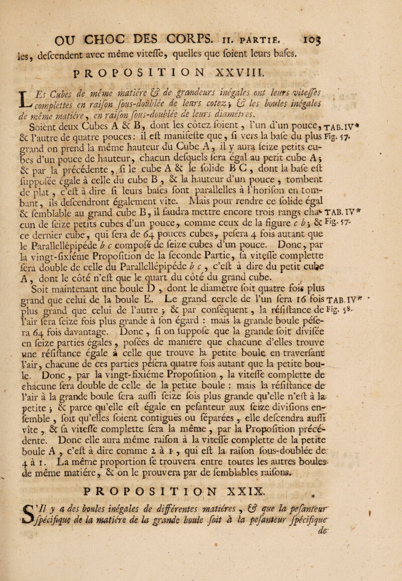 les defeendent avec même vitefie, quelles que foient leurs bafes. PROPOSITION XXVIII, LEs Cubes de même matière 13 de grandeurs inégales ont leurs vitejfès c emplette s en raifon fous-doublée de leurs cotez y (3 les boules inégales de même matière, en raifon fous-doublée de leurs diamètres. Soient deux Cubes A & B, dont les cotez foient, l’un d'un pouce, TAB.IV* & l’autre de quatre pouces: il eft manifefie que, fi vers la baie du plus Fig. 57* grand on prend la même hauteur du Cube A, il y aura feize petits cu¬ bes d’un pouce de hauteur, chacun defquels fera égal au petit cube A5 & par la précédente , fi le cube A & le folide B C , dont la bafe eft fuppofée égale à celle du cube B , & k hauteur d’un pouce , tombent de plat, c’eft à dire fi leurs baies font parallelles à fhorifon en tom¬ bant , ils defcendront également vite. Mais pour rendre ce folide égal & femblable au grand cube B, il faudra mettre encore trois rangs chav T AB. IV* cun de feize petits cubes d’un pouce , comme ceux de la figure c b y & Fî§*57* ce dernier cube, qui fera de 64 pouces cubes, pefera 4 fois autant que le Parallellépipéde b c eompofé de feize cubes d’un pouce. Donc, par la vîngt-fixiéme Propofition de la fécondé Partie, là vitçfie complette fera double de celle du Parallellépipéde b c , c’eft à dire du petit cube A , dont le côté n’eft que 1e quart du côté du grand cube. Soit maintenant une boule D , dont le diamètre foit quatre fois plus grand que celui de la boule E. Le grand cercle de l’un fera 16 fois TAB. IV* plus grand que celui de l’autre y & par conféquent, la rélifiance de Fig. l’air fera feize fois plus grande à fon égard : mais la grande boule péfe- ra 64 fois davantage. Donc , fi on fuppofe que la grande foit divifée en feize parties égales, pofées de manière que chacune d’elles trouve une réfiftance égale à celle que trouve lu petite boule en traverfant Pair, chacune de ces parties péfera quatre fois autant que la petite bou-_ le. Donc , par 1a vingt-fixiéme Propofition , la vitefie complette de chacune fera double de celle de la petite boule : mais la réfiftance de Pair à la grande boule fera aufii feize fois plus grande qu’elle n’eft à la petite y & parce qu’elle efi égale en pefànteur aux feize divifions en- femble , fort qu’elles foient contiguës ou féparées,. elle defeendra aufii vite , ôc fa vitefie complette fera la même , par la Propofition précé¬ dente. Donc elle aura même raifon à la vitefie complette de la petite boule A , c’eft à dire comme z à 1 , qui efi la raifon fous-doublée de 4 à 1. La même proportion fe trouvera entre toutes les autres boules> de même matière, & on le prouvera par de femblables raifons» PROPOSITION XXIX. S'il y a des boules inégales de différentes matières , & fue la pefànteur spécifique de la matière de la grande boule foit à la pefànteur Spécifique de