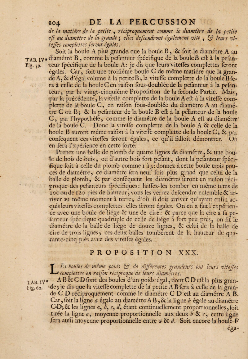 de la matière .de la petite , réciproquement' comme le diamètre de la petite efi au diamètre de la grande * elles defcendront également vite , leurs vi¬ te Jfe s complettes feront égales. Soit la boule A plus grande que la boule B, êc Toit le diamètre A au TAB. jy#<^amétre B 5 comme la pefanteur fpécifique de la boule B eft à la pefan- Fig. 5^. teur fpécifique de la boule A: je dis que leurs vitefies complettes feront égales. Car 5 foit une troifiéme boule C de même matière que la gran¬ de A, 6c d’égal volume à la petite B * la vitefie complette de la boule B fe¬ ra à celle de la boule C en raifon fous-doublée de la pefanteur à la pefan¬ teur, par la vingt-cinquième Propofition de la fécondé Partie. jMais ^ par la précédente, la vitefie complette de la boule A efi: à la vitefie com¬ plette de là boule C, en raifon fous-doublée du diamètre A au diamè¬ tre C ou B > 6c la pefanteur de la boule B efi: à la peîanteur de la boule C, par l’hypothéfe, comme le diamètre de la boule A efi: au diamètre de la boule C. Donc la vitefie complette de la boule A 6c celle de la boule B auront même raifon à la vitefie complette de la boule C * 6c par conféquent ces vitefies feront égales, ce qu’il falloir démontrer. On en fera l’xpérience en cette forte; Prenez une balle de plomb de quatre lignes de diamètre, 6c une bou¬ le de bois de buis, ou d’autre bois fort pelant, dont la pefanteur fpéci¬ fique foit à celle du plomb comme i àp:donnez à cette boule trois pou¬ ces de diamètre, ce diamètre fera neuf fois plus grand que celui de la balle de plomb, 6c par conféquent les diamètres feront en raifon réci¬ proque des pefanteurs fpécifiques : laifièz-les tomber en même tems de loooude no piés de hauteur, vous les verrez defcendre enlemble6c ar¬ river au même moment à terre % d’où il doit arriver qu’ayant enfin ac¬ quis leurs vitefies complettes, elles feront égales. On en a fait l’expérien¬ ce avec une boule de liège 6c une de cire: ôt parce que la cire a fa pe¬ fanteur fpécifique quadruple de celle de liège à fort peu près, on fit le diamètre de la balle de liège de douze lignes, 6c celui de la balle de cire de trois lignes * ces deux balles tombèrent de la hauteur de qua¬ rante-cinq piés avec des vitefies égales. PROPOSITION XXX. LEs boules de même poids & de différentes grandeurs ont leurs vitefies complettes en raifon réciproque de leurs diamètres. TAB. IV * A B 6c C D font des boules d'un poids- égal, dont C D efi: la plus gran- îig. 6o. -de 5 je dis que la vitefie complette de là petite A B fera à celle de la gran¬ de C D réciproquement comme le diamètre C D efi: au diamètre A B. Car, foit la ligne a égale au diamètre A B, 6c la ligne b égale au diamètre CD* 6c les lignes c, d, étant continuellement proportionnelles, foit tirée la ligne moyenne proportionnelle aux deux b 6c c, cette ligne fiera aufil moyenne proportionnelle entre a 6c cl. Soit encore la boule F ) ega-