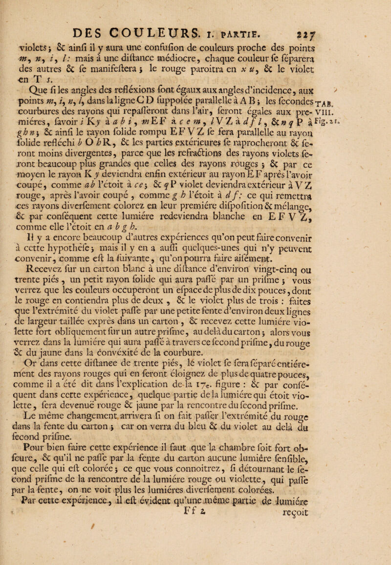 violets > 6c ainfi il y aura une confufîon de couleurs proche des points m, », i, /; mais à une diflance médiocre, chaque couleur fe féparera des autres ôc fe manifeftera 5 le rouge paroitra en x ôc le violet ■en T s. Que fi les angles des refléxions font égaux aux angles d’incidence, aux > points .*», 4 », 4 dans 1* ligne C D luppolée parallelle à A B ; les fécondés ta b courbures des rayons qui repaflèront dans l’air, feront égales aux pre- vm. miéres, lavoir i Kj àa b i, -m E F à c e m , / V Z à J f 1, & » y P à 'S*z ra ghns ôc ainfi le rayon folide rompu EF VZ fe fera parallelle au rayon folide réfléchi b O i?R, & les parties extérieures fe raprocheront & fe¬ ront moins divergentes, parce que les refraftions des rayons violets fe¬ ront beaucoup plus grandes que celles des rayons rouges $ ôc par ce moyen le rayon K 7 deviendra enfin extérieur au rayon EF après l’avoir coupé, comme ab l’étoit à ce y 6c f P violet deviendra extérieur à VZ rouge, après l'avoir coupé , comme g h l’étoit à d f: ce qui remettra ces rayons diverfement colorez en leur première difpofition 6c mélange, 6c par conféquent cette lumière redeviendra blanche en E F V Z, comme elle l’étoit en a bgh~ Il y a encore beaucoup d’autres expériences qu’on peut faire convenir à cette hypothèfe > mais il y en a auffi quelques-unes cjui n’y peuvent convenir., comme eft la Suivante, qu’on pourra faire aifement. Recevez fur un carton blanc à une diltance d’environ vingt-cinq ou trente piés , un petit rayon folide qui aura paflè par un prifme 5 vous verrez que les couleurs occuperont un efpace de plus de dix pouces, dont le rouge en contiendra plus de deux , 6c le violet plus de trois : faites que l’extrémité du violet paflè par une petite fente d’environ deux lignes de largeur taillée exprès dans un carton , 6c recevez cette lumière vio¬ lette fort obliquement fur un autre prifme, au delà du carton 5 alors vous verrez dans la lumière qui aura paflè à travers ce fécond prifme, du rouge 6c du jaune dans la convexité de la courbure. Or dans cette diflance de trente pies, lé violet fe feraféparéentière¬ ment des rayons rouges qui en feront éloignez de plus de quatre pouces, comme il a été dit dans l’explication de la 17*. figure : 6c par confé¬ quent dans cette expérience, quelque partie delà lumière qui étoit vio¬ lette, fera devenue rouge 6c jaune par la rencontre du fécond prifme. Le même changement arrivera fi on fait pafîçr F extrémité du rouge dans la fente du carton > car on verra du bleu ôc du violet au delà du fécond prifme. Pour bien faire cette expérience il faut que la chambre foit fort ob* faire, 6c qu’il ne paflè par la fente du carton aucune lumière fenfible, que celle qui eft colorée 5 ce que vous connoitrez, fi détournant le fé¬ cond prifme de la rencontre de la lumière rouge ou violette, qui paflè par la fente, on ne voit plus les lumières diverfement colorées. Par cette expérience , il eû évident qu’une même partie de lumière Ff 2, reçoit /