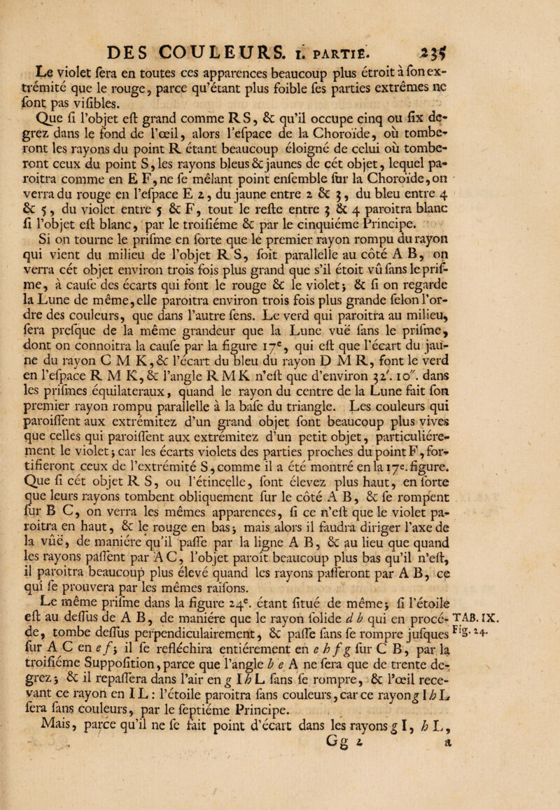 Le violet fera en toutes ces apparences beaucoup plus étroit à Ton ex- tyémité que le rouge , parce qu’étant plus foible fes parties extrêmes ne font pas vifibles. Que fi l’objet eft grand comme R S, 6c qu’il occupe cinq ou fix de* grez dans le fond de l’œil, alors l’efpace de la Choroïde, où tombe* ront les rayons du point R étant beaucoup éloigné de celui où tombe* ront ceux du point S, les rayons bleus 6c jaunes de çét objet, lequel pa¬ roitra comme en E F,ne fe mêlant point enfemble for la Choroïde,on ' verra du rouge en l’efpace E z, du jaune entre 2 6c 3, du bleu entre 4 & 5, du violet entre 5 6c F, tout le refte entre 3 6c 4 paroitra blanc fî l’objet eft blanc, par le troifiéme 6c par le cinquième Principe. Si on tourne le prifme en forte que le premier rayon rompu du rayon qui vient du milieu de l’objet RS, foit parallelle au côté AB, on verra cét objet environ trois fois plus grand que s’il étoit vû fans le prif¬ me , à caufe des écarts qui font le rouge 6c le violet * 6t fi on regarde la Lune de même, elle paroitra environ trois fois plus grande félon l’or¬ dre des couleurs, que dans l’autre fens. Le verd qui paroitra au milieu, fera prefque de la même grandeur que la Lune vue fans le prifme, dont on connoitra la caufe par la figure 17e, qui eft que l’écart du jau¬ ne du rayon C M K,6c l’écart du bleu du rayon D M R, font le verd en l’efpace R M K, 6c l’angle R MK n’eft que d’environ 31'. 10. dans les prifmes équilatéraux, quand le rayon du centre de la Lune fait fou premier rayon rompu parallelle à la bafe du triangle. Les couleurs qui paroiffent aux extrémitez d’un grand objet font beaucoup plus vives que celles qui paroiffent aux extrémitez d’un petit objet, particuliére¬ ment le violet j car les écarts violets des parties proches du point F, for¬ tifieront ceux de l’extrémité S, comme il a été montré en la 17e. figure* Que fi cét objet R S, ou fétincelle, font élevez plus haut, en forte que leurs rayons tombent obliquement fur le côté AB, 6c fe rompent fur B C, on verra les mêmes apparences, fi ce n’eft que le violet pa¬ roitra en haut, 6c le rouge en basy mais alors il faudra diriger l’axe de la vue, de manière qu’il pafie par la ligne AB, 6c au lieu que quand les rayons paflent par AC, l’objet paroît beaucoup plus bas qu’il n’eft, il paroitra beaucoup plus élevé quand les rayons parieront par A B, ce qui fe prouvera par les mêmes raifons. Le même prifme dans la figure 24e. étant fitué de même5 fi l’étoile eft au deftùs de A B, de manière que le rayon folide d b qui en procé- T AB. IX de, tombe deftùs perpendiculairement, 6c pafle fans fe rompre jufques FîS* H* fur A C en ef-> il fe réfléchira entièrement en e h f g fur C B, par la troifiéme Suppofition, parce que l’angle b e A ne fera que de trente de- grez > 6c il repaflera dans l’air en g I h L fans fe rompre, 6c l’œil rece¬ vant ce rayon en IL : l’ctoile paroitra fans couleurs, car ce rayong \hl* fera fans couleurs, par le feptiéme Principe. Mais, parce qu’il ne fe fait point d’écart dans les rayons g I, h L, Gg z a