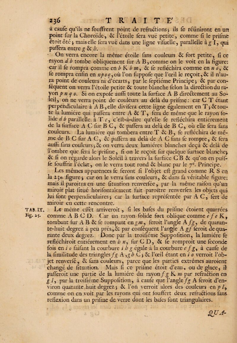 TÀB.IX. f%. a*. 236 TRAITE' à caufe qu’ils ne fou firent point de refractions} ils Ce réuniront en un point fur la Choroïde, & l’étoile fera vue petite, comme fi le prifme étoitôté* mais elle fera vue dans une ligne vifuelle, parallelle à g I, qui pafiera entre g & b. ' On verra encore la même étoile fans couleurs 6c fort petite, fi ce îayon d b tombe obliquement fur A B,comme on le voit en la figure: car il fe rompra comme en b K b & fe réfléchira comme en n 0, & fe rompra enfin en npoa^où Ton fuppofe que l’œil le reçoit,6c il n’au¬ ra point de couleurs ni d’écarts, par le feptiéme Principe> 6c par con¬ fisquent on verra l’étoile petite 6c toute blanche félon la direétion du ra¬ yon p n q 0. Si on expofe aufiî toute la furface A B directement au So¬ leil, on ne verra point de couleurs au delà du prifme : car C T étant perpendiculaire à A B, elle divifera cette ligne également en T $ 8c tou¬ te la lumière qui pafiera entre A 6c T, fera de même que le rayon fo- lide d b parallelle à T c, c3efi>à-dire qu’elle fe réfléchira entièrement de la furface A C fur B C, 6c pafiera au delà de B C , ou elle fera fans couleurs. La lumière qui tombera entre T 6c B, fe réfléchira de mê¬ me de B C fur A C, 6c pafiera au delà de A C fans fe rompre, 6c fera aufiî dans couleurs * 6c on verra deux lumières blanches deçà 6c delà de l’ombre que fera le prifme, fi on le reçoit fur quelque furface blanche* 6c fi on regarde alors le Soleil à travers la furface C B 6c qu’on en puif- fe foufirir l’éclat, on le verra tout rond 6c blanc par le 7e. Principe. Les mêmes apparences fe feront fi l’objet elt grand comme R S en la 23c. figure* car on le verra fans couleurs, 6c dans fa véritable figure: mais il paroitra en une fituation renverièe y par la même raifon qu’un miroir plat fitué horifontalcment fait paraître renverfez les objets qui lui font perpendiculaires} car la furface repréfentée par AC,, lêrt de miroir en cette rencontre. Le même cflêt arriverait , fi les bafes du prifme ctoient quarrées comme A B C D. Car un rayon folide fort oblique comme e f e Kr tombant fur A B 6c fe rompant en gmy ferait l’angle A /g, de quaran¬ te-huit degrez à peu préside par conféquent l’angle A gf ferait de qua¬ rante deux degrez. Donc par la troifiéme Suppofition, la lumière fe réfléchirait entièrement en b 0, fur CD, 6c fe romprait une fécondé fois en i 0 faifant la courbure i h g égale à la courbure e f g, à caufe de la fimilitude des triangles fg A jgh C-, 6c l’œil étant en i 0 verrait l’ob- ]et renverfé, 6c fans couleurs, parce que les parties extrêmes auraient changé de fituatiort Mais fi ce prifme étoit d’eau, ou de glace, il pafiêroit une partie de k lumière du rayon f g K m par refraéfion en g /, par k troifiéme Suppofition, à caulè que P angle/g A ferait d’en¬ viron quarante huit degrez > 6c l’on verrait alors des couleurs en p ly comme on. en voit par les rayons qui ont fouffert deux refraètions fans, reflexion dans un prifme de verre dont les baies font triangulaires..