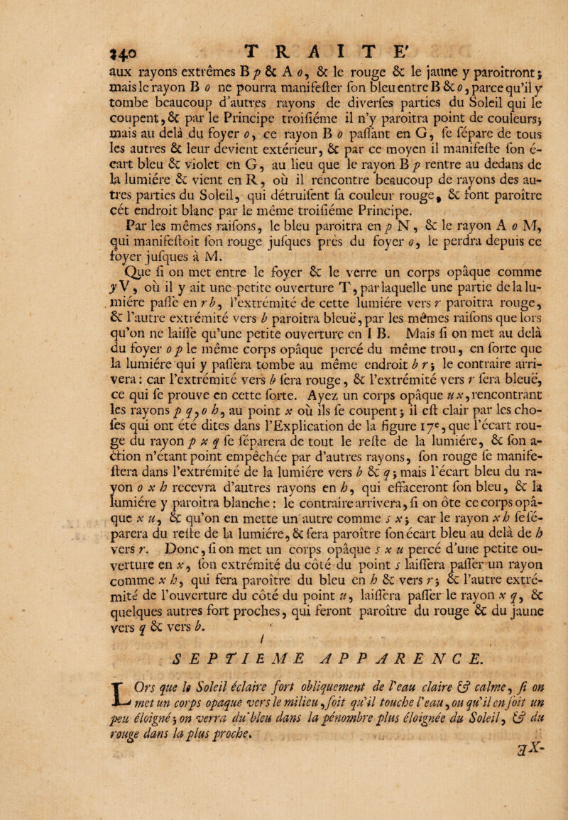 aux rayons extrêmes By> & A 0, 6c le rouge 6c le jaune y paraîtront; mais le rayon B 0 ne pourra manifefter Ton bleu entre B 6c 0, parce qu’il y tombe beaucoup d’autres rayons de diverfes parties du Soleil qui le coupent, 6c par le Principe troiiiéme il n’y paroitra point de couleurs) mais au delà du foyer 0, ce rayon B 0 pafiknt en G, fe fépare de tous les autres 6c leur devient extérieur, 6c par ce moyen il manifelfe fon é- cart bleu 6c violet en G, au lieu que le rayon Bp rentre au dedans de la lumière 6c vient en R, où il rencontre beaucoup de rayons des au¬ tres parties du Soleil, qui détruifent fa couleur rouge f 6c font paroître cét endroit blanc par le même troiiiéme Principe. Par les mêmes raifons, le bleu paroitra en p N, 6c le rayon A 0 M, qui manifelloit fon rouge jufques près du foyer 0, le perdra depuis ce foyer jufques à M. Que li on met entre le foyer 6c le verre un corps opaque comme y V, où il y ait une petite ouverture T, par laquelle une partie delà lu¬ mière palFe enr^, l’extrémité de cette lumière vers r paroitra rouge, &r autre extrémité vers b paroitra bleue, par les mêmes raifons que lors qu’on ne laiffe qu’une petite ouverture en 1 B. IVÎais fi on met au delà du foyer 0 p le même corps opaque percé du même trou, en forte que la lumière qui y pafièra tombe au même endroit b r\ le contraire arri¬ vera : car l’extrémité vers b fera rouge, 6c l’extrémité vers r fera bleue, ce qui fe prouve en cette forte. Ayez un corps opaque-»#,rencontrant les rayons p q^oh^zu point x où ils fe coupent) ii cil clair par les cho» fes qui ont été dites dans l’Explication de la figure 17e,que l’écart rou¬ ge du rayon p x q fe féparera de tout le relie de la lumière, 6c fon a- ction n’étant point empêchée par d’autres rayons, fon rouge fe manife- flera dans l’extrémité de la lumière vers b 6c q \ mais l’écart bleu du ra¬ yon 0 x h recevra d’autres rayons en h, qui effaceront fon bleu, 6c la lumière y paroitra blanche; le contraire arrivera, fi on ôte ce corps opa¬ que x », & qu’on en mette un autre comme j- #) car le rayon x h fe fé¬ parera du relie de la lumière, 6c fera paroître fon écart bleu au delà de h vers r. Donc, fi on met un corps opaque s x u percé d’une petite ou¬ verture en fon extrémité du côté du point s lailfera palier un rayon comme x h ^ qui fera paroître du bleu en h 6c vers r ) 6c l’autre extré¬ mité de l’ouverture du côté du point laifièra palier le rayon v y, 6c quelques autres fort proches, qui feront paroître du rouge 6c du jaune vers q 6c vers b. / - ; . , SEPTIEME APPARENCE. LOrs que b Soleil éclaire fort obliquement de Veau claire calme, fi on met un corps opaque vers le milieu,fioit qu’il touche Veau, ou qu'il en J oit un peu éloigné j on verra du'bleu dans la pénombre plus éloignée du Soleil, £5? du rouge dans la plus proche.