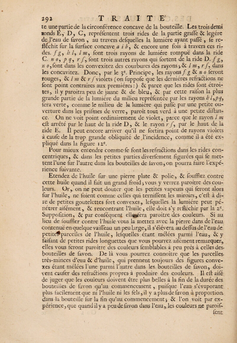 te une partie de la circonférence concave de la bouteille. Les trois demi londs E, D , C, repréfentent trois rides de la partie graffe 5c légère de l’eau de favon , au travers defquelles la lumière ayant paile , fe ré¬ fléchit fur la furface concave a i b, 5c encore une fois à travers ces riT des. fgj kl, Im, font trois rayons de lumière rompue dans la ride C, n 0, p y 5 rfy font trois autres rayons qui fortent de la ride D. /g y n o y font dans les convexitez des courbures des rayons >5c / my r fy dans les concavitez. Donc, par le Principe, les rayons/g 5c n o feront rouges, 5c / m 5c r /Violets (on fuppofe que les dernières refraélions ne font point contraires aux premières : ) 5c parce que les rides font étroi¬ tes^ il y paroitra peu de jaune 5c de bleu, 5e par cette raifon la plus grande partie de la lumière du milieu repréfentee par les rayons h lypy, fera verte, comme le milieu? de k lumière qui pafïè par une petite ou¬ verture dans les prifmes de verre, paroît tout verd à une petite diftan- ee. On ne voit point ordinairement de violet, parce que le rayon / m qft arrêté par le haut de la ride D, 5c le rayon rf, par le haut de la ride E. U peut encore arriver qu’il ne fortira point de rayons violets à caufe de la trop grande obliquité de l’incidence, comme il a été ex¬ pliqué dans la figure i zc. Pour mieux entendre comme fe font les réfractions dans les rides con¬ centriques, 5c dans les petites parties diverfement figurées qui fe met¬ tent l’une fur l’autre dans les bouteilles de layon,on pourra faire Inexpé¬ rience luivante. Etendez de l’huile fur une pierre plate 5c polie, 5c (briffiez contre cette huile quand il fait un grand froid * vous y verrez paraître des cou¬ leurs. Or, on ne peut douter que les petites vapeurs qui feront alors fur l’huile,, ne-Voient comme celles qui terniflent les miroirs , c’eft à di¬ re de petites goutelettes fort convexes, lefquelles la lumière peut pé¬ nétrer ailément, 5ç rencontrant l’huile, elle doit s’y réfléchir par la ze> Suppolition, 5c par conféquent ellofera paraître des couleurs. Si au lieu de louiHer contre l’huile vous la mettez avec k pierre dans de Team contenue en quelque vaiffieau un peu large, il s’élèvera, au delfus de l’eau de petite#parcelles de l’huile, lefquelles étant raclées parmi l’eau, 5c y fai faut de petites rides longuettes que vous pourrez aifément remarquer, elles vous feront paraître des couleurs femblables à peu près à celles des. bouteilles de favon. De là vous pourrez connoître que les parcelles, très-minces d’eau 5c d’huile, qui prennent toujours des figures conve¬ xes étant mêlées Tune parmi l'autre dans les. bouteilles de favon, doi¬ vent caufer des refraâions propres à produire des couleurs» Il eft aifé de juger que les couleurs doivent être plus belles â la fin de k durée des bouteilles de favon qu’au commencement, puifque l’eau- s’évaporant plus facilement que ni l’huile ni les Tels, il y a plus de favon à proportion dans ia bouteille fur k fin qu’au commencement y 5c l’on voit par ex¬ périence, que quand il y a peu de kvon dans l’eau les couleurs ne paroif- fent.