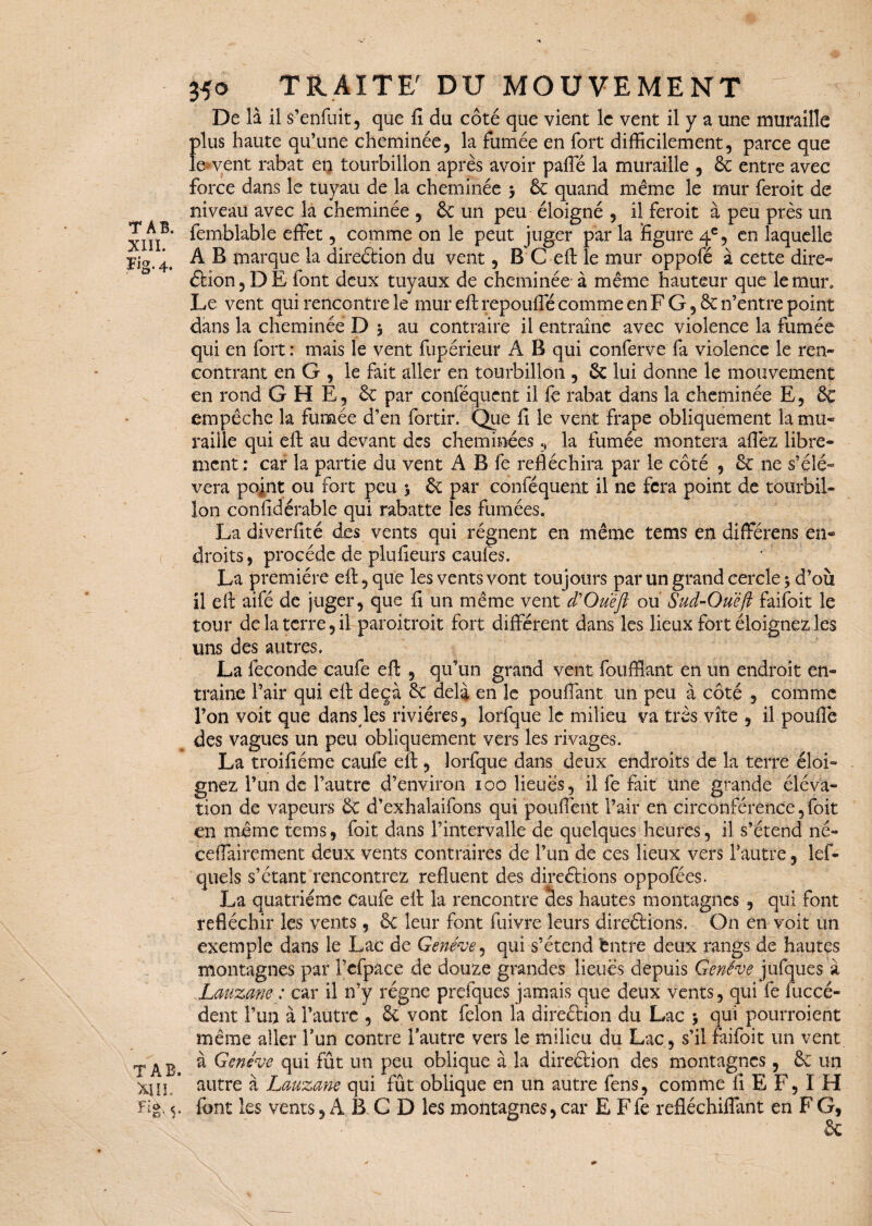 De là il s’enfuit, que fi du côté que vient le vent il y a une muraille plus haute qu’une cheminée, la fumée en fort difficilement, parce que le vent rabat en tourbillon après avoir paffié la muraille , 8c entre avec force dans le tuyau de la cheminée 3 8c quand même le mur feroit de niveau avec la cheminée , 8c un peu éloigné , il feroit à peu près un XinB* ^mt)lable effet, comme on le peut juger par la figure 4e, en laquelle j-jo, ^ A B marque la direction du vent, B C effc le mur oppofé à cette dire- <5Uon,DE font deux tuyaux de cheminée- à même hauteur que le mur. Le vent qui rencontre le mur eft repoufle comme en F G, 8c n’entre point dans la cheminée D 3 au contraire il entraîne avec violence la fumée qui en fort : mais le vent fupérieur A B qui conferve fa violence le ren¬ contrant en G , le fait aller en tourbillon , 8c lui donne le mouvement en rond GHE, & par conféqucnt il fe rabat dans la cheminée E, & empêche la fumée d’en fortir. Que fi le vent frape obliquement la mu¬ raille qui eft au devant des cheminées, la fumée montera aflèz libre¬ ment : car la partie du vent A B fe réfléchira par le côté , 8c ne s’élè¬ vera point ou fort peu 3 8c par conféquent il ne fera point de tourbil¬ lon confidérable qui rabatte les fumées. La diverfité des vents qui régnent en même tems en différens en- ( droits, procède de plufieurs caufes. La première eft, que les vents vont toujours par un grand cercle 3 d’où il eft aifé de juger, que fi un même vent d'Oueft ou Sud-Ouèfk faifoit le tour de la terre, il paroitroit fort différent dans les lieux fort éloignez les uns des autres. La fécondé caufe eft , qu’un grand vent fouffîant en un endroit en¬ traine l’air qui eft deçà 8c delà en le pouffant un peu à côté , comme l’on voit que dans les rivières, lorfque le milieu va très vite , il pouflè des vagues un peu obliquement vers les rivages. La troifiéme caufe eft, lorfque dans deux endroits de la terre éloi¬ gnez l’un de l’autre d’environ 100 lieues, il fe fait une grande éléva¬ tion de vapeurs & d’exhalaifons qui pouffent l’air en circonférence, foit en même tems, foit dans l’intervalle de quelques heures, il s’étend né» ceffairement deux vents contraires de l’un de ces lieux vers Fautre, lef- quels s’étant rencontrez refluent des direétions oppofées- La quatrième caufe eft la rencontre clés hautes montagnes , qui font réfléchir les vents, & leur font fuivre leurs direétions. On en voit un exemple dans le Lac de Genève, qui s’étend entre deux rangs de hautes montagnes par Fcfpace de douze grandes lieues depuis Genève jufques à .Lauzane: car il n’y régne prefques jamais que deux vents, qui fe fuccé- dent l’un à Fautre , 8c vont félon la direction du Lac 3 qui pourroient même aller Fun contre Fautre vers le milieu du Lac, s’il faifoit un vent tab ^ Genève qui fût un peu oblique à la direétion des montagnes, 8c un Xm/ autre à Lauzane qui fût oblique en un autre fens, comme fi E F, I H