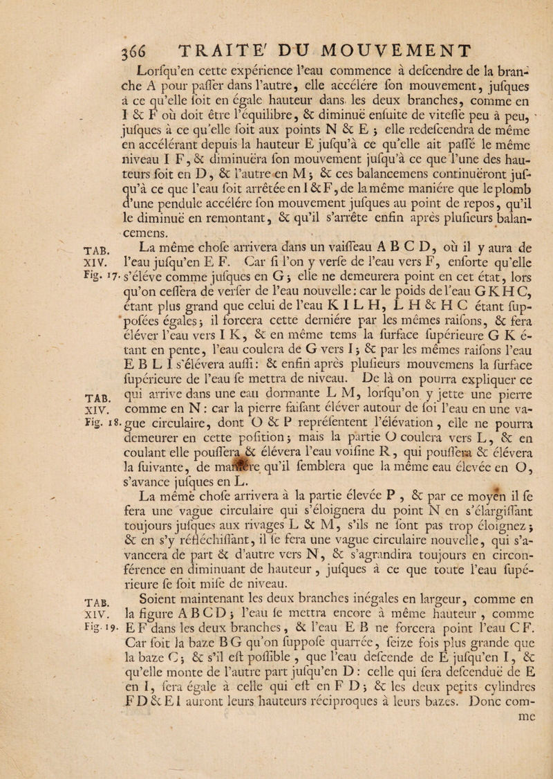 Lorfqu’en cette expérience l’eau commence à defcendre de la bran¬ che A pour palier dans l’autre, elle accéléré Ton mouvement, jufques à ce qu’elle loit en égale hauteur dans, les deux branches, comme en I 6c F où doit être l’équilibre, 6c diminue enfuite de vitelîê peu à peu, ' jufques à ce qu'elle ioit aux points N & E 5 elle redefcendra de même en accélérant depuis la hauteur E jufqu’à ce qu’elle ait pafle le même niveau I F, êc diminuera fon mouvement jufqu’à ce que l’une des hau¬ teurs foit en D, 6c l’autre en M 3 6c ces balancemens conrinuëront juf¬ qu’à ce que l’eau foit arrêtée en 16c F, de la même manière que le plomb d’une pendule accéléré fon mouvement jufques au point de repos, qu’il le diminué en remontant, 6c qu’il s’arrête enfin après plulieurs balan¬ cemens. TAB. La même chofe arrivera dans un vaifTeau A B C D, où il y aura de XIV. l’eau jufqu’en E F. Car fi l’on y verfe de l’eau vers F, enforte qu’elle Fig* *7• s’élève comme jufques en G3 elle ne demeurera point en cet état, lors qu’on cefiëra de verfer de l’eau nouvelle; car le poids de l’eau GKH C, étant plus grand que celui de l’eau K I L H, LHécHC étant fup- pofées égales 3 il forcera cette dernière par les mêmes raifons, 6c fera éléver l’eau vers I K, 6c en même tems la furface fupérieure G K é- tant en pente, l’eau coulera de G vers 13 6c par les mêmes raifons l’eau E B L I s'élèvera auffi: 6c enfin après plulieurs mouvemens la furface fupérieure de l’eau fe mettra de niveau. De là on pourra expliquer ce TÂB. CR* arrive dans une eau dormante LM, lorfqu’on y jette une pierre XIV. comme en N : car la pierre faifant éléver autour de foi l’eau en une va- Fig. i8.gue circulaire, dont O 6c P repréfentent l’élévation, elle ne pourra demeurer en cette pofition 3 mais la partie O coulera vers L, 6c en coulant elle pouffera 6c élévera l’eau voifine R, qui pouffera 6c élévera la fuivante, de marîfére qu’il femblera que la même eau élevée en O, s’avance jufques en L. La même chofe arrivera à la partie élevée P , 6c par ce moyen il fe fera une vague circulaire qui s’éloignera du point N en s’élargiffant toujours jufques aux rivages L 6c M, s’ils ne font pas trop éloignez 3 6c en s’y réfiéchiflànt, il fe fera une vague circulaire nouvelle, qui s’a¬ vancera de part 6c d’autre vers N, 6c s’agrandira toujours en circon¬ férence en diminuant de hauteur , jufques à ce que toute l’eau fupé¬ rieure fe foit mile de niveau. TAB. Soient maintenant les deux branches inégales en largeur, comme en xiv. la figure A B CD 3 l’eau fe mettra encore à même hauteur , comme fi»*19* E F dans les deux branches, 6c l’eau E B ne forcera point l’eau C F. Car foit la baze B G qu’on fuppofe quarrée, feize fois plus grande que la baze C3 6c s’il eft pollible , que l’eau defcende de E jufqu’en ï, 6c qu’elle monte de l’autre part jufqu’en D : celle qui fera defcenduë de E en I, fera égale à celle qui eft en F D 3 6c les deux petits cylindres FD 6cEl auront leurs hauteurs réciproques à leurs bazes. Donc com¬ me