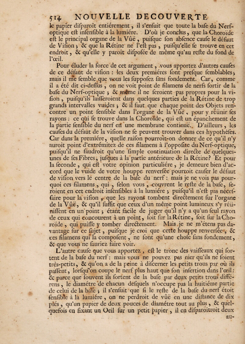 le papier difparoît entièrement, il s’enfuit que toute la bafe du Nerf* optique eft infenfible à la lumière. D’où je conclus, que la Choroïde cil le principal organe de la Vûë , puifque fon abfence caufe le défaut de Vifion j ôc que la Rétine ne l’eît pas , puifqu’elle fe trouve en cet endroit, ôc qu’elle y paroît difpofée de même qu’au relie du fond de l’œil. Pour éluder la force de cet argument, vous apportez d’autres caufes de ce défaut de vifion : les deux premières font prefque femblables; mais il me femble que vous les fuppofez fans fondement. Car, comme il a été dit ci-deflùs , on ne voit point de filamens de nerfs fortir de la bafe du Nerf-optique 5 ôc même il ne feroient pas propres pour la vi- lion , puifqu’ils laifieroient dans quelques parties de la Rétine de trop grands intervalles vuides 5 de il faut que chaque point des Objets ren¬ contre un point fenfible dans l’organe de la Vûë , pour y réunir fes rayons : ce qui fe trouve dans la Choroïde, qui eft un épanchement de la partie fenfible du nerf erî une membrane continué.. D’ailleurs , les caufes du défaut de la vifion ne fe peuvent trouver dans ces hypothèlès. Car dans la première, quelle raifon pourroït-on donner de ce qu’il n’y auroit point d’extrémitez de ces filamens à i’oppofite du Nerf-optique, puifqu’il ne faudroit qu’une fimple continuation direéle de quelques- unes de fes Fibres, jufques à la partie antérieure de la Rétine? Et pour la fécondé , qui ell votre opinion particulière , je demeure bien d’ac¬ cord que le vuide de votre houppe renverfée pourroit caufer le défaut de vifion vers le centre de la bafe du nerf : mais je ne vois pas pour¬ quoi ces filamens , qui , félon vous , couvrent le relie de la bafe, fe¬ roient en cet endroit infenfibles à la lumière > puifqu’il n’eft pas nécef- faire pour la vifion r que les rayons tombent directement fur l’organe de la Vûë, de qu’il fuffit que ceux d’un même point lumineux s’y réu¬ nifient en un‘point -, étant facile de juger qu’il rfy a qu’un feul rayon de ceux qui concourent à un point, foit fur la Rétine, foit fur la Cho¬ roïde , qui puifie y tomber directement. Mais je ne m’étens pas da¬ vantage fur ce lùjet, puifque je croi que cette houppe renverfée , de ces filamens qui la compofent, né font qu’une choie fans fondement, de que vous ne fauriez faire voir. L’autre caufe que vous apportez , elt le tronc des vaifieaux qui for- tent de la bafe du nerf : mais vous ne pouvez pas nier qu’ils ne foient très-petits, ôc qu on a de la peine à difeerner les petits trous par où ils pafiënt, lorfqif on coupe le nerf plus haut que fon infertion dans l’œil : & parce que fouvent ils fortent de la bafe par deux petits trous diffé- rens, le diamètre de chacun defquels n’occupe pas la huitième partie de celui de la baTe -, il s’enfuit que fi le relie de la bafe du nerf étoit lenfibïe à la lumière , on ne perdrait de vûë en une diltance de dix piés, qu’un papier de deux pouces de diamètre tout au plus, ôc quel* quefois en fixant un Oeil fur un petit papier , il en difparoitroit aeux . ' ‘ . , au-