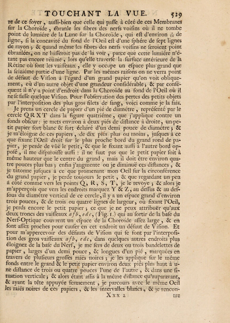 te de ce foyer , aufli-bien que celle qui pafie à coté de ces Membranes fur la Choroïde , ébranle les fibres des nerfs voifins où il ne tombe point de lumière de la Lune fur la Choroïde , qui efb d’environ TV de ligne 5 fi la concavité du fond de l’Oeil eft d’une fphére de fept lignes de rayon > 6c quand même les fibres des nerfs voifins ne feroient point ébranlées, on ne lailferoit pas de la voir , parce que cette lumière n’é¬ tant pas encore réunie , lors qu’elle traverle la furface antérieure de k Rétine où font les v| il féaux , elle y occupe un efpace plus grand que la feiziéme partie d’une ligne. Par les memes raifons on ne verra point de défaut de Vifion à l’égard d’un grand papier qu’on voit oblique¬ ment, où d’un autre objet d’une grandeur confidérable 3 6c par confé- quent il n’y a point d’endroit dans la Choroïde au fond de l’Oeil où il nefefaftè quelque Vifion, Pour l’obfervation des pertes des petits objets par l’interpofition des plus gros filets de fang, voici comme je la fais. Je prens un cercle de papier d’un pié de diamètre , repréfenté par le cercle QR X T dans la figure quatrième, que j’applique contre un fonds obfcur: je mets environ à deux piés de diftance à droite, un pe¬ tit papier fort blanc 6c fort éclairé d’un demi pouce de diamètre 3 6c je m’éloigne de ces papiers, de dix piés plus ou moins, jufques à ce que fixant TOeil droit fur le plus proche bord du grand rond de pa¬ pier, je perde de vue le petit, êc que le fixant atifii à l’autre bord op- pofé , il me difpafoifie aufii : il ne faut pas que le petit papier foit à même hauteur que le centre du grand , mais il doit être environ qua¬ tre pouces plus bas 5 enfin j’augmente ou je diminue ces diftances , 6c je tâtonne jufques à ce que promenant mon Oeil fur la circonférence du grand papier , je perde toujours le petit , 6c que regardant un peu à côté comme vers les points Q, R, S, T, je le revoye 3 6c alors je m’apperçois que vers les endroits marquez Y 6c Z, au delftus ôc au défi- fous du diamètre vertical de ce cercle,il y a un efpace grand d’environ trois pouces, 6c de trois ou quatre lignes de largeur, où fixant l’Oeil* je perds encore le petit papier 3 ce que je ne peux attribuer qu’aux deux troncs des vaifièaux afb^ edc, (Fig. 1.) qui au fortir de la bafe du Nerf-Optique couvrent un efpace de la Choroïde allez large , 6c en font allez proches pour caufer en cet endroit un défaut de Vifion. Et pour m’appercevoir des défauts de Vifion qui fe font par l’interpolï- tion des gros vaifièaux afb^ edc, dans quelques autres endroits plus éloignez de la bafe du Nerf, je me fers de deux ou trois bandelettes de papier , larges d’un demi pouce , 6c longues d’un pié , marquées en travers de plufieurs grolfes raies noires 3 je les applique fur le même fonds entre le grand 6c le petit papier environ deux piés plus haut à u- nè diftance de trois ou quatre pouces l’une de l’autre , 6c dans une fi- tuation verticale 3 6c alors étant afiïs à la même diftance qu’au par avant, 6c ayant la tête appuyée fermement , je parcours avec le même Oeil les raies noires de ces papiers«» 6c les intervalles blancs , & jercncon- Xxx 2» ’ tre