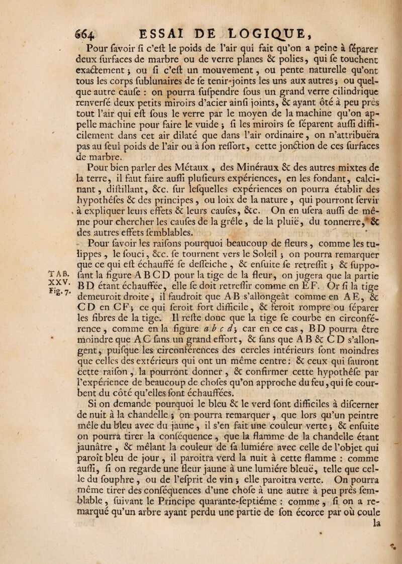 T A B. XXV. Fig. 7. 664, ESSAI DE LOGIQUE, Pour favoir fl c’eft le poids de l’air qui fait qu’on a peine à féparer deux furfaces de marbre ou de verre planes 6c polies, qui fe touchent: exactement > ou fi c’efi: un mouvement , ou pente naturelle qu’ont tous les corps fublunaires de le tenir joints les uns aux autres $ ou quel¬ que autre caufe : on pourra fufpendre fous un grand verre cilindriquc renverfé deux petits miroirs d’acier ainfi joints, ôc ayant ôté à peu près tout l’air qui efl: fous le verre par le moyen de la machine qu’on ap¬ pelle machine pour faire le vuide j fi les miroirs fe réparent auffi diffi¬ cilement dans cet air dilaté que dans l’air ordinaire, on n’attribuëra pas au feul poids de l’air ou à fon refibrt, cette jonétion de ces furfaces de marbre. Pour bien parler des Métaux , des Minéraux 6c des autres mixtes de la terre, il faut faire auffi plufieurs expériences, en les fondant, calci¬ nant, diftillant, ôcc. fur lefquelles expériences on pourra établir des hypothêfes 6c des principes, ou loix de la nature , qui pourront fervir , à expliquer leurs effets 6c leurs caufes, êcc. On en ufera auffi de mê¬ me pour chercher les caufes de la grêle, de la pluie, du tonnerre, 6c des autres effets femblables. Pour favoir les raifons pourquoi beaucoup de fleurs, comme les tu- lippes , le fouci, 6cc. fe tournent vers le Soleil > on pourra remarquer que ce qui efi: échauffé fe deffeiche , 6c enfuite fe reçreffit 5 6c fuppo- fant la figure A B CD pour la tige de la fleur, on jugera que la partie BD étant échauffée, elle fe doit retreflîr comme en EF. Or fi la tige demeuroit droite, il faudroit que A B s’allongeât comme en AE, êc C D en C F 5 ce qui feroit fort difficile, 6c feroit rompre ou féparer les fibres de la tige. Il refte donc que la tige fe courbe en circonfé¬ rence , comme en la figure a b c d-y car en ce cas, BD pourra être moindre que A C fans un grand effort, 6c fans que A B 6c C D s’allon¬ gent, puifque les circonférences des cercles intérieurs font moindres que celles des extérieurs qui ont un même centre : 6c ceux qui (auront cette raifon , la pourront donner, 6c confirmer cette hypothêfe par l’expérience de beaucoup de chofes qu’on approche du feu, qui fe cour¬ bent du côté qu’elles font échauffées. Si on demande pourquoi le bleu 6c le verd font difficiles à difcerner de nuit à la chandelle $ on pourra remarquer , que lors qu’un peintre mêle du bleu avec du jaune , il s’en fait une couleur verte j 6c enfuite on pourra tirer la conféquence , que la flamme de la chandelle étant jaunâtre , 6c mêlant la couleur de fa lumière avec celle de l’objet qui paroît bleu de jour , il paroitra verd la nuit à cette flamme : comme auffi, fi on regarde une fleur jaune à une lumière bleue, telle que cel¬ le du fouphre , ou de l’efprit de vin 5 elle paroitra verte. On pourra même tirer des conféquences d’une chofe à une autre à peu près fem- blable, fuivant le Principe quarante-feptiéme : comme, fi on a re¬ marqué qu’un arbre ayant perdu une partie de fon écorce par où coule la