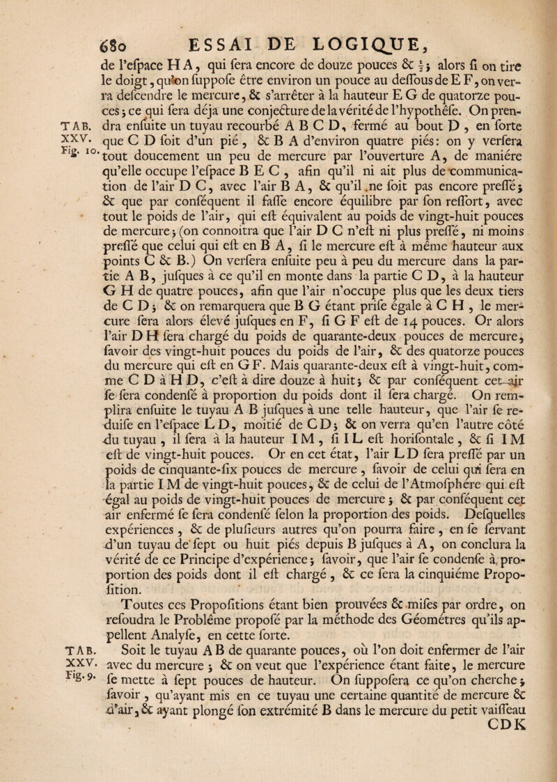 de l’efpace HA, qui fera encore de douze pouces ôc \ $ alors fi on tire le doigt, qu’on fuppofe être environ un pouce au deffousde EF, on ver¬ ra defcendre le mercure, ôc s’arrêter à la hauteur E G de quatorze pou¬ ces 5 ce qui fera déjà une conjecture de la vérité de l’hypothêfe. On pren- T A B. dra enfuite un tuyau recourbé ABCD, fermé au bout D, en forte XXV. qUe C D foit d’un pié, & B A d’environ quatre piés: on y verfera ^ îo,tout doucement un peu de mercure par l’ouverture A, de manière qu’elle occupe l’efpace BEC, afin qu’il ni ait plus de -communica¬ tion de l’air D C, avec l’air B A, ôc qu’il .ne foit pas encore prefle; ôc que par conféquent il fafie encore équilibre par fon reflort, avec tout le poids de l’air, qui efi: équivalent au poids de vingt-huit pouces de mercure (on connoitra que l’air D C n’eft ni plus prefle, ni moins prdfé que celui qui efi: en B A, fi le mercure efi: à même hauteur aux points C ôc B.) On verfera enluite peu à peu du mercure dans la par¬ tie A B, jufques à ce qu’il en monte dans la partie CD, à la hauteur G H de quatre pouces, afin que l’air n’occupe plus que les deux tiers de C D s ôc on remarquera que B G étant prife égale à C H , le mer¬ cure fera alors élevé jufques en F, fi G F efi: de 14 pouces. Or alors l’air DH fera chargé du poids de quarante-deux pouces de mercure, Lavoir des vingt-huit pouces du poids de l’air, Ôc des quatorze pouces du mercure qui efi: en GF. Mais quarante-deux efi: à vingt-huit, com¬ me C D à H D, c’efi: à dire douze à huit5 ôc par conféquent cet—afr fe fera condenfé à proportion du poids dont il fera chargé. On rem¬ plira enfuite le tuyau A B jufques à une telle hauteur, que l’air fe re- duife en l’efpace LD, moitié de C D s ÔC on verra qu’en l’autre côté élu tuyau , il fera à la hauteur IM, fiILeft horifontale , ôc fi IM efi: de vingt-huit pouces. Or en cet état, l’air LD fera prefie par un poids de cinquante-fix pouces de mercure , favoir de celui qifi fera en la partie IM de vingt-huit pouces, ôc de celui de l’Atmofphére qui efi: égal au poids de vingt-huit pouces de mercure 5 Ôc par conféquent cet air enfermé fe fera condenfé félon la proportion des poids. Defquelles expériences, ôc de plufieurs autres qu’on pourra faire , en fe fervant d’un tuyau de fept ou huit piés depuis B jufques à A, on conclura la vérité de ce Principe d’expérience * favoir, que l’air fe condenfe à pro¬ portion des poids dont il efi: chargé , ôc ce fera la cinquième Propo¬ rtion. Toutes ces Propofitions étant bien prouvées ôc miles par ordre, on refoudra le Problème propofé par la méthode des Géomètres qu'ils ap¬ pellent Analyfe, en cette forte. T AB. Soit le tuyau A B de quarante pouces, où l’on doit enfermer de l’air XXV. avec du mercure $ ôc on veut que l’expérience étant faite, le mercure 9* fe mette à fept pouces de hauteur. On fuppofera ce qu’on cherche * favoir , qu’ayant mis en ce tuyau une certaine quantité de mercure ôc d’air, ôc ayant plongé fon extrémité B dans le mercure du petit vaifîeau • CDK