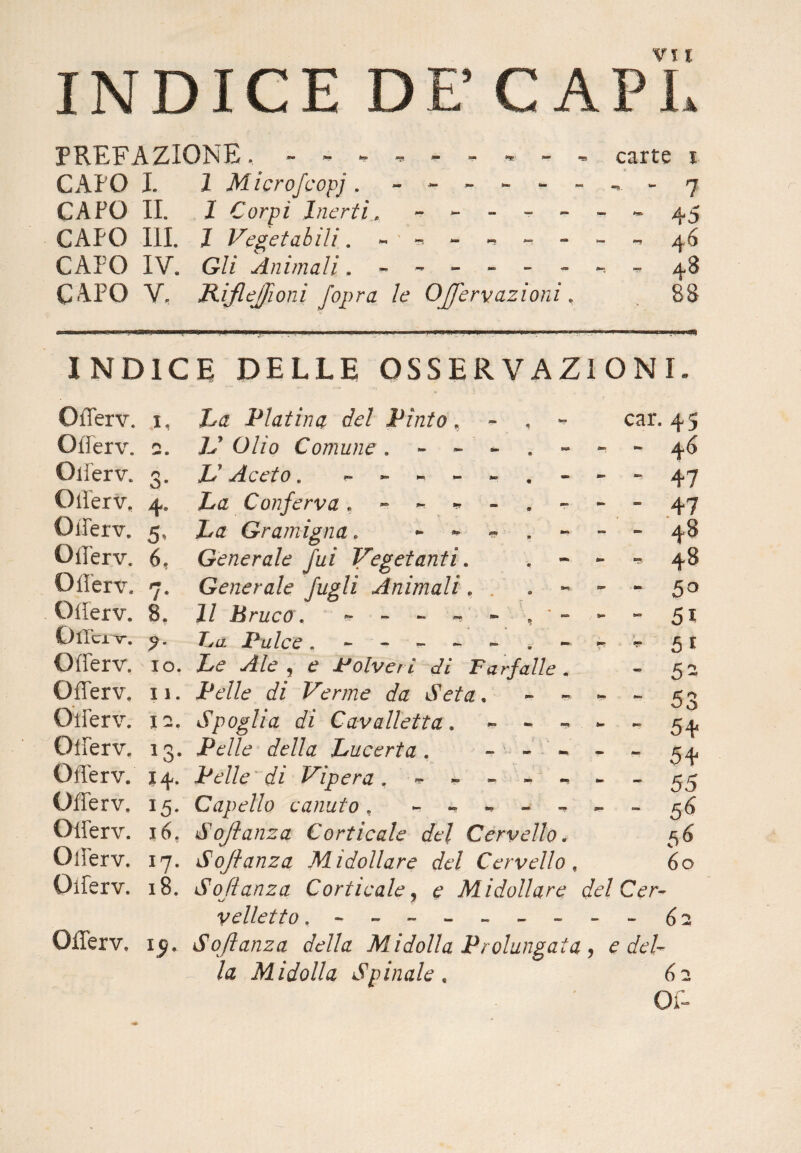 PREFAZIONE. carte i CAPO I. 1 Microfcopj. - ------- 7 CAPO II. 1 Corpi Inerti» - 45 CAPO III. I Vegetabili. - ^ ~ ~ - 46 CAPO IV. Gli Animali - 48 CAPO V. RifleJ/ioni fopra le Offervazioni, 88 j. .—WP— TIFT-J .1 in.» rum iljr—I, IL. —— I . .1 .1 — .1 1 imi . .... in., mg) INDICE DELLE OSSERVAZIONI. Oiferv, OiTerv. Oiferv. Oiferv, Oiferv. Oiferv. Oiferv. Oiferv. Olici ^sr. Oiferv. Oiferv. Oiferv. Oiferv. Oiferv. OiTerv. Oiferv. Oiferv. Oiferv. Oiferv. 1, La Platina del Pinta, - , - 2. V Olio Comune. - ~ ~ - 0. L Aceto. — — — * La Conferva. - - » - . - - La Gramigna, - * - . - - Generale fui Vegetanti. . « - Generale fugli Animali. . . - - 1/ Bruco. Ba Pulce Alle 9 é? Jdolvet i di Farfalle . Pelle di Verme da Seta. - - - Spoglia di Cavalletta. - - - - ■Pe/fe della Lucerta. - - - - Pelle * di Vipera . ------ 15. Capello canuto . ------ i6? Sojìanza Corticale del Cervello. 17. Sojìanza Midollare del Cervello, 18. So danza Corticale? £ Midollare del Cer¬ velletto ,---------62 15. Sojìanza della Midolla Prolungata, e del¬ la Midolla Spinale * 62 Of- 4. 5* 6, 7* 8, ?• 10. 11. 12. 1 O* J 4'* car. 45 - 46 - 47 - 47 - 48 - 48 - 5o - 5* *■ 51 - 52 - 53 54 - 54 ■ 55 - 56 56 ÓO