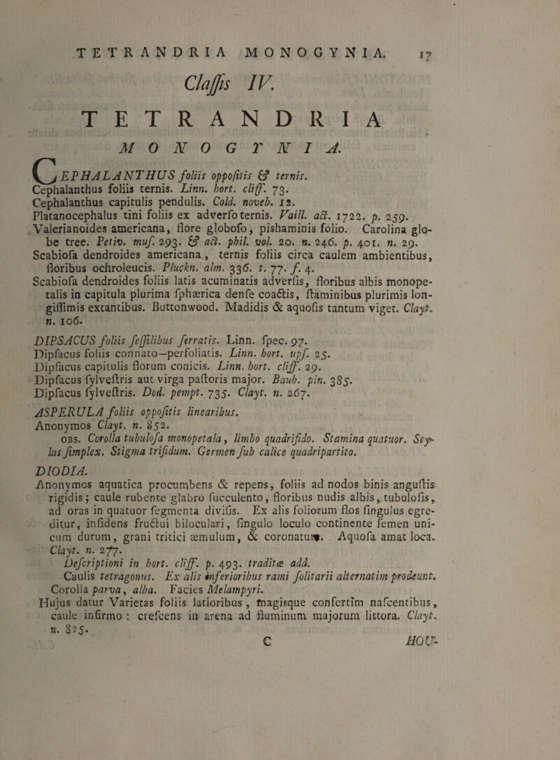 TETRANDRIA MONOGYNIA. i? £ Clajfis IV. TETRANDRIA MONOGYNIA. \^EPHALANTHUS foliis oppofitis 6? ternis. Cephalanthus foliis ternis. Linn. hort. cliff. 73. Cephalanthus capitulis pendulis. Cold. noveb. 12. Flatanocephalus tini foliis ex adverfo ternis. Vaill. ait. 1722. p. 259. Valerianoides americana, flore globofo, pishaminis folio. Carolina glo¬ be tree. Petiv. muf. 293. & ali. pbil. vol. 20. n. 246. p. 401. n. 29. Scabiofa dendroides americana, ternis foliis circa caulem ambientibus, floribus ochroleucis. Pluckn. alm. 336. t. 77. /. 4. Scabiofa dendroides foliis latis acuminatis adverfis, floribus albis monope- talis in capitula plurima fphaerica denfe coa&is, flaminibus plurimis lon- giflimis extantibus. Buttonwood. Madidis & aquofis tantum viget. Clayt. n. io<5. DIPSACUS foliis feffilibus ferratis. Linn. fpec. 97. Dipfacus foliis connato—perfoliatis. Linn. hort. npf. 25. Dipfacus capitulis florum conicis. Linn. hort. cliff. 29. Dipfacus fylveflris aut virga pafloris major. Bauh. pin. 385. Dipfacus fylveflris. Dod. pempt. 735. Clayt. n. 267. ASPERULA foliis oppofitis linearibus. Anonymos Clayt. n. 852. obs. Corolla tubulofa monop et ala y limbo quadrifido. Stamina quatitor. Sty^ Ius fimplex. Stigma trifidum. Germen fub calice quadripartito. DIO DIA. Anonymos aquatica procumbens & repens, foliis ad nodos binis anguflis rigidis; caule rubente glabro fucculento, floribus nudis albis, tubulofis, ad oras in quatuor fegmenta di vilis. Ex alis foliorum flos Angulus egre¬ ditur, infldens frudtui biloculari, fmgulo loculo continente femen uni¬ cum durum, grani tritici cernulum, & coronatui*. Aquofa amat loca.. Clayt. n. 277. Defcriptioni in hort. clff. p. 493. traditce add. Caulis tetragonus. Ex alis inferioribus rami J'olitarii aitcrnatim prodeunt.. Corolla parva y alba. Facies Melampyri. Hujus datur Varietas foliis latioribus , magisque confertim nafcentibus, caule infirmo : crefcens in arena ad fluminum majorum littora. Clayt. n. 825» C HOU-