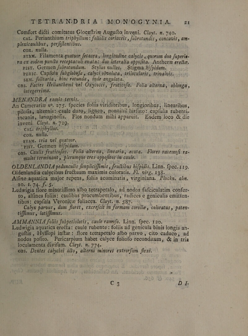 T E T R A N.D R I A M O N O G Y N I A. Comfort di6ti comitatus Gloceftrise Auguflo inveni. Clayt. n. 740. cal. Perianthium triphyllum:foliolis coriaceis,/ubrotundis, concavis, am- plexicaulibus, p erjifl entibus. cor. ku//<z. stam. Filamenta quatuor fetacea, longitudine calycis, quorum duo fuperio- ra ex eodem puncto receptaculi enata: duo lateralia oppofita. Antherae eredtce. pist. Germen fubrotundum. Stylus nullus. Stigma hifpidum. PEiuc. Capfula fubglobofla, calyci obvoluta, trilocularis, trivalvis. sem. folitaria , hinc rotunda, inde angulata.. obs. Helianthemi vel Oxycocci, fruticofa. Folia alterna, oblonga, integerrima. MFNANDRA ramis ternis. An Camerariae n°. 275. fpecies foliis viridioribus, longioribus, linearibus, pilofis, alternis: caule duro, ligneo, nonnihil hirfuco: capfulis rubenti- incanis, lanuginofis. Flos nondum mihi apparuit. Eodem loco & die inveni. Clayt. n. 729. cal. triphyllus. cor. nulla. stam. tria vel quatuor. ' pist. Germen hifpidum. • - obs. Caulis fruticofas. Folia alterna, linearia, eeneta. iofom racemoji ra¬ mulos terminant y plerumque tres oppofitos in caule. ' ■ , . 0 .7 i o. ' v ,'i ,• OLDENLANDIA pedunculis fimplicijfimis, fructibus hifpidis. Linn. fpec. 119. Oldenlandia calycibus frudtuum maximis coloratis. FI. virg. 138. Alfine aquatica major repens, foliis acuminatis, virginiana. Fluckn. alm. 20. t. 74. f. 5. Ludwigia flore minutiffimo albo tetrapetalo, ad nodos fafciculatim confer¬ to, allines foliis: caulibus procumbentibus, radices e geniculis emitten¬ tibus: capfula Veroniae foliacea. Clayt. n. 587. Calyx parvus, dum floret, excrefcit in formam corollce, coloratus, pateti- tiffimus, latijfimus. AMMANNIA foliis fuhpetiolatis, caule ramofo. Linn. fpec. 120. Ludwigia aquatica eredta: caule rubente: foliis ad genicula binis longis an- guflis , Hyffopi inftar : flore tetrapetalo albo parvo , cito caduco, ad nodos pofito. Pericarpium habet calyce foliofo reconditum, & in tria loculamenta divifum. Clayt. n. 774. obs. Dentes calycini octo, alterni minores extrorfum flexi. senet Lsci.' ■ ILca 1;. r  o D /- \