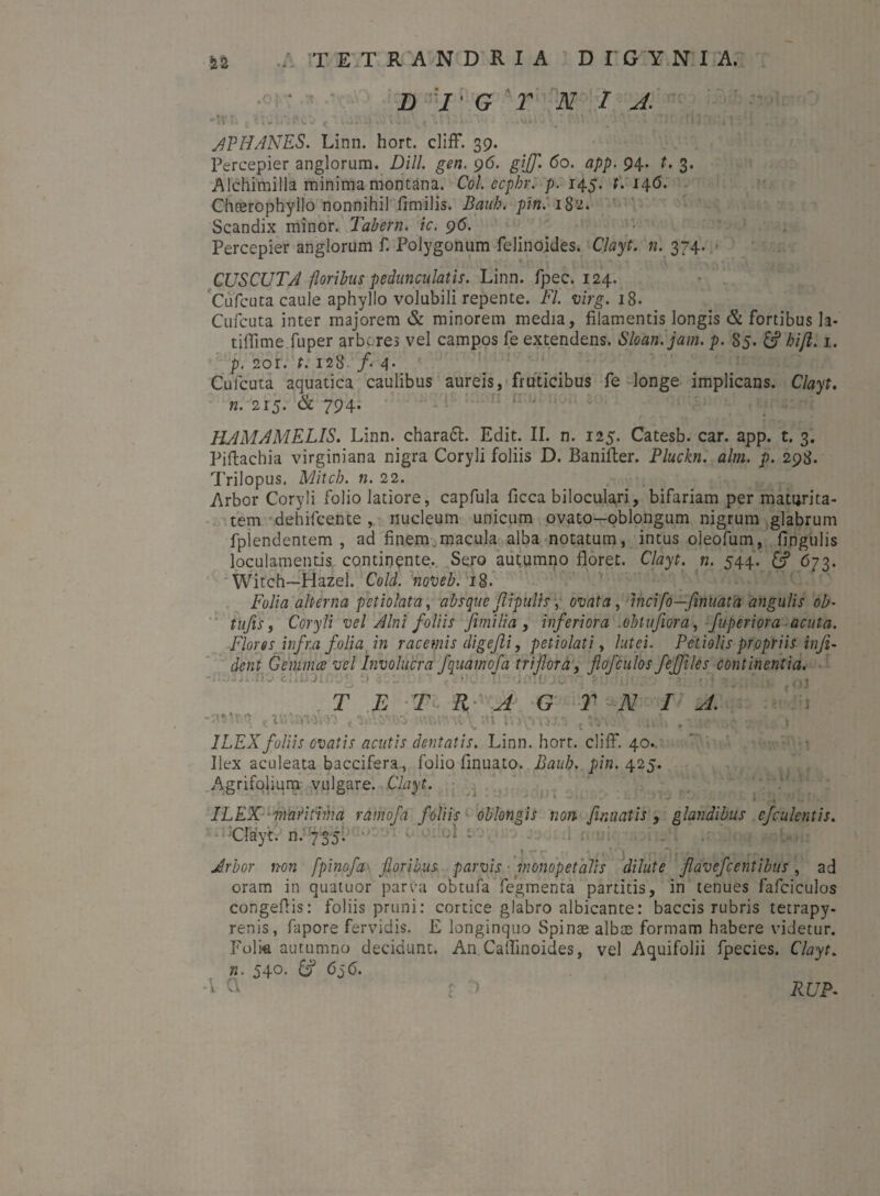 n 1' G T N IA. -!vr. ,1:.«p ».i. ,tm.. v,• : ;n iniv APII ANES. Linn. hort. clifF. 39. Percepier anglorura. Dill. gen. 96. gijf. 60. app. 94. t. 3. Alchimilla minima montana. Coi ccphr. p. 145. t. 146. Chaerophyllo nonnihil fimilis. Baub. pin. 182. Scandix minor. Tabem, ic. 96. Percepier anglorum f. Polygonum felinoides. Clayt. n. 374. CUSCUT'A floribus pedunculatis. Linn. fpec. 124. 'Cufcuta caule aphyllo volubili repente. FI. virg. 18. Cufcuta inter majorem & minorem media, filamentis longis & fortibus Ja- tiffime fuper arbores vel campos fe extendens. Sloan.jam. p. 85. & hift. 1. p, 201. t. 128 /• 4- Cufcuta aquatica caulibus aureis, fruticibus fe longe implicans. Clayt. n. 215. & 794. HAMAMELIS. Linn. charadt. Edit. II. n. 125. Catesb. car. app. t. 3. Piftachia virginiana nigra Coryli foliis D. Banifter. Pluckn. alm. p. 298. Trilopus. Mitch. n. 22. Arbor Coryli folio latiore, capfula ficca biloculari, bifariam per maturita¬ tem dehifcente , nucleum unicum ovato—oblongum nigrum glabrum fplendentem , ad finem.macula alba notatum, intus oleofum, lingulis loculamentis continente. Sero autumno floret. Clayt. n. 544. 673. Witch—Hazel. Cold. noveb. 18. Folia alterna petiolata, absque /lipidis, ovata, hicifo—finuata angulis oh• tufis, Coryli vel Alni foliis fimilia , inferiora oblufiora, fuperiora acuta. Flores infra folia in racemis digefli, petiolati, lutei. Petiolis propriis inji¬ cient Gemmee vel Involucra fquamofa triflora, floj'culos feffiles continentia. • • •• >•••' K . 'i • “ i; •; f: ' > • '* ’ . T E T R A G Y N I A. ILEX foliis ovatis acutis dentatis. Linn. hort. clifF. 40., Ilex aculeata baccifera., folio finuato. Baub. pin. 425. Agrifolium vulgare. Clayt. ILEX maritima ramofa foliis oblongis non firmatis, glandibus efculent is. Clayt. n. 735. * Jrbor non fpinofa floribus parvis monopetalis dilute flavefcentibus, ad oram in quatuor parea obtufa fegmenta partitis, in tenues fafciculos congefiis: foliis pruni: cortice glabro albicante: baccis rubris tetrapy- renis, fapore fervidis. E longinquo Spinae albae formam habere videtur. Folia autumno decidunt. An Caflinoides, vel Aquifolii fpecies. Clayt. n. 540. 6j6. x a RUP-