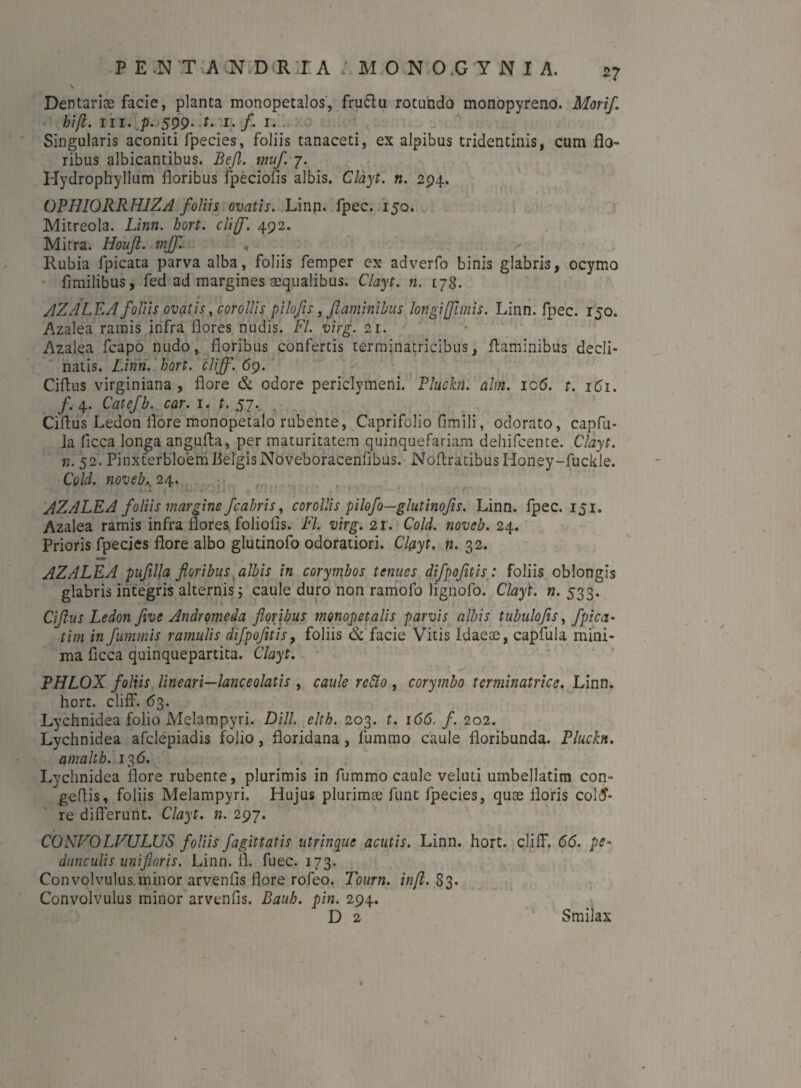 Dentarias facie, planta monopetalos, fru£hi rotundo monopyreno. Mori[f. hift. in. p. 599- i. i- Singularis aconiti fpecies, foliis tanaceti, ex alpibus tridentinis, cum flo¬ ribus albicantibus. Bejl. muf. 7. Hydrophyllum floribus fpeciolis albis. Clayt. n. 294. OPHIORRHIZA foliis ovatis. Linn. fpec. 150. Mitreola. Linn. hort. cliff. 492. Mitra. Houft. mjf. « Rubia fpicata parva alba, foliis femper ex adverfo binis glabris, ocymo fimilibus, fed ad margines aequalibus. Clayt. n. 178. f AZALEA foliis ovatis, corollis pilo fis , flaminibus longi fimis. Linn. fpec. 150. Azalea ramis infra flores nudis. FI. virg. 21. Azalea fcapo nudo, floribus confercis terminatricibus, flaminibus decli¬ natis. Linn. hort. cliff. 69. Ciftus virginiana , flore & odore periclymeni. Phtckn. alm. 106. t. 1C1, f. 4. Catcfb. car. 1. t. 57. Ciftus Ledon flore monopetalo rubente, Caprifolio fimili, odorato, capfu- la flcca longa angufta, per maturitatem quinquefariam dehifcente. Clayt. n. 52. PinxterbloemBelgis Noveboracenflbus. Noflratibus Iioney-fuckle. Cold. noveb. 24. .. AZALEA foliis margine fc abris, corollis pilofo—glutino fis. Linn. fpec. 151. Azalea ramis infra flores foliolis. FI. virg. 21. Cold. noveb. 24. Prioris fpecies flore albo glutinofo odoratiori. Clayt. n. 32. AZALEA pufilla floribus albis in corymbos tenues difpofitis: foliis oblongis glabris integris alternis; caule duro non ramofo lignofo. Clayt. n. 533. Ciftus Ledon five Andromeda floribus monope talis parvis albis tubulofis, fpica- tim infummis ramulis difpofitis, foliis & facie Vitis Idaeae, capfula mini¬ ma flcca quinquepartita. Clayt. PHLOX foliis lineari—lanceolatis , caule retto , corymbo terminatrice. Linn. hort. cliff. 63. Lychnidea folio Melampyri. Dill. elth. 203. t. 166. f 202. Lychnidea afclepiadis folio, floridana , fummo caule floribunda. Pluckn. amalth. 136. Lychnidea flore rubente, plurimis in fummo caule veluti umbellatim con- geflis, foliis Melampyri. Hujus plurimae funt fpecies, quae floris cola¬ re differunt. Clayt. n. 297. CONFOLVULUS foliis fagittatis ntrinque acutis. Linn. hort. cliff. 66. pe- dnnculis uni floris. Linn. fl. fuee. 173. Convolvulus minor arvenfis flore rofeo. Tourn. inji. 83. Convolvulus minor arvenfis. Bauh. pin. 294. D 2 Smilax N
