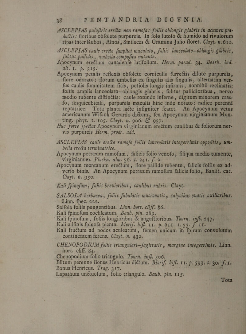 3? PENTANDRIA D I G Y N I A. ASCLEPIAS palujlris erecta, non ramofa: foliis oblongis glabris in acumen pn* dubiis: floribus obfolete purpureis. In lolo lutofo & humido ad rivulorum ripas inter Rubos, Alnos, Smilaces & Gramina Julio floret. QaytA n.6n. ASCLEPIAS caule erebto (implici maculato, foliis lanceolato—oblongis glabris, fubtus pallidis, umbella compofita nutante. Apocynurn eredum canadenfe latifolium. Herm. par ad. 34. Boerh. ind. ait. 1. p. 313. Apocynurn petalis reflexis obfolete corniculis furredis dilute purpureis, flore odorato: florum umbellis ex Angulis alis Angulis, alternadm ver- fus caulis fummitatem Atis, petiolis longis inflrmis, nonnihil reclinatis: foliis amplis lanceolato—oblongis glabris , fubtus pallidioribus, nervo medio rubente diffindis: caule rotundo inferne, digitum minorem cras- fo, fesquicubitali, purpureis maculis hinc inde notato: radice perenni reptatrice. Tota planta lade inAgniter fcatet. An Apocynurn vetus americanum Wifank Gerardo didum, feu Apocynurn virginianum Mun- ting. phyt. t. 105. Clayt. n. 906. & 937. Huc forte Jpettat Apocynurn virginianum eredum caulibus & foliorum ner¬ vis purpureis Herm. prodr. add. ASCLEPIAS caule erecto ramofo foliis lance olatis integerrimis oppofitis, um¬ bella erelta tenninatrice. Apocynurn petraeum ramofum , falicis folio venofo, Aliqua medio tumente, virginianum. Pluckn. alm. 36. t. 24.1. f. a. Apocynurn montanum eredum, flore pallide rubente, falicis foliis ex ad- verfo binis. An Apocynurn petraeum ramofum falicis folio, Banift. cac. Clayt. n. 950. Kali fpinofum, foliis brevioribus, caulibus rubris. Clayt. SALSOLA herbacea, foliis- fabulatis mucronatis, calycibus ovatis axillaribus. Linn. fpec. 222. Salfola foliis pungentibus. Linn. bort. cliff. 86. Kali fpinofum cochleatum. Bauh. pin. 289. Kali fpinofum, foliis longioribus & anguflioribus. Tourn. infi. 247. Kali adfinis fpinofa planta. Morif. bifi. ir. p. 611. t. 33. /. 11. Kali frudum ad nodos aculeatum, femen unicum in fpiram convolutum continentem ferens. Clayt. n. 432. CHENOPO DIUM foliis triangulari—fagittatis, margine integerrimis. Linn. hort. cliff. 84. Chenopodium folio triangulo. Tourn. infi. 506. Blitum perenne Bonus Henricus didum. Morif bifi. n. p. 599. t. 30. /. 1. Bonus Henricus. Trag. 317. Lapathum unduofum, foiio triangulo. Bauh. pin. 115, Tota