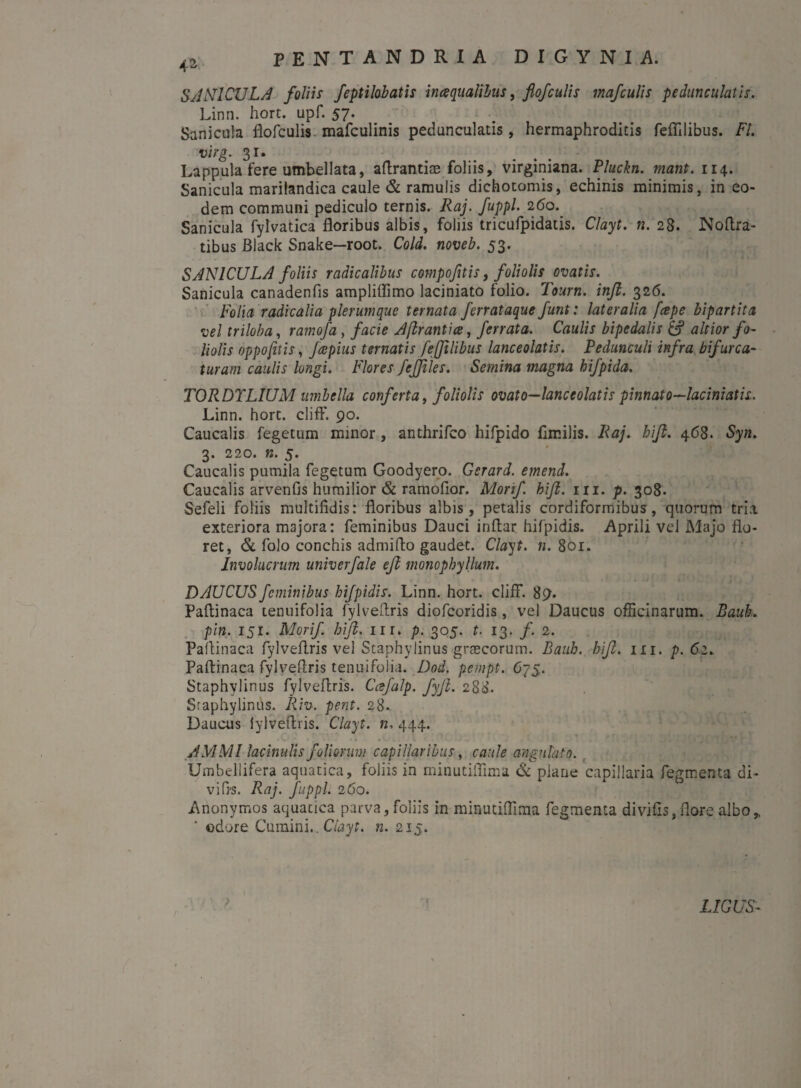 SANICULA foliis feptilobatis inaqualihus, flofculis mafculis pedunculatis. Linn. hort. upf. 57. Sanicula flofculis mafculinis pedunculatis, hermaphroditis fefiilibus. 77. virg. 31. Lappula fere umbellata, aftrantiae foliis, virginiana. Pluckn. mant.\i\. Sanicula maritandica caule & ramulis dichotomis, echinis minimis, in eo¬ dem communi pediculo ternis. Raj. fuppl. 260.^ Sanicula fylvatica floribus albis, foliis tricufpidatis. Clayt. n. 28. Noftra- tibus Black Snake—root. Cold. noveb. 53. SANICULA foliis radicalibus compofttis, foliolis ovatis. Sanicula canadenfis ampliflimo laciniato folio. Tourn. inji. 326. Folia radicalia plerumque ternata ferrataque funt: lateralia /'cepe bipartita vel triloha, ramofa, facie Aflrantice, ferrata. Caulis bipedalis & aitior fo¬ liolis oppofitis, Jcepius ternatis fefftlibus lanceolatis. Pedunculi infra bifurca- turam caulis longi. Flores fejjiles. Semina magna hifpida. TORDTLIUM umbella conferta, foliolis ovato—lanceolatis pinnato—laciniatii. Linn. hort. cliff. 90. Caucalis fegetum minor, anthrifco hifpido fimilis. Raj. hift. 468. Syn. 3. 220. n. 5. Caucalis pumila fegetum Goodyero. Gerard. emend. Caucalis arvenfis humilior & ramofior. Morif hift. m. p. 308. Sefeli foliis multifidis: floribus albis, petalis cordiformibus, quorum tria exteriora majora: feminibus Dauci inflar hifpidis. Aprili vel Majo flo¬ ret, & folo conchis admiflo gaudet. Clayt. n. 801. Involucrum univerfale eft monophyllum. DAUCUS feminibus hifpidis. Linn. hort. cliff. 89-. Paftinaca tenuifolia fylvefiris diofeoridis, vel Daucus officinarum. Baub.. pin. 151. Morif. hift. nr. p. 305. t. 13. /. 2. Paftinaca fylvefiris vel Staphylinus graecorum. Baub. hift. m. p. 62. Paftinaca fylvefiris tenuifolia. Dod. pempt. 675. Staphylinus fylvefiris. Ccefalp. fyft. 288. Sraphylinus. Riv. pent. 28. Daucus iylveftris. Clayt. n. 444. J M MI lacinulis foliorum capillaribus, caule angulato. Umbellifera aquatica, foliis in minutiflima & plane capillaria tegmenta di¬ vi fis. Raj. fuppl. 260. Anonymos aquatica parva, foliis in minutiflima fegmenta divifis,flore albo» ' odore Cumini.. Clayt. n. 215. LIGUS-