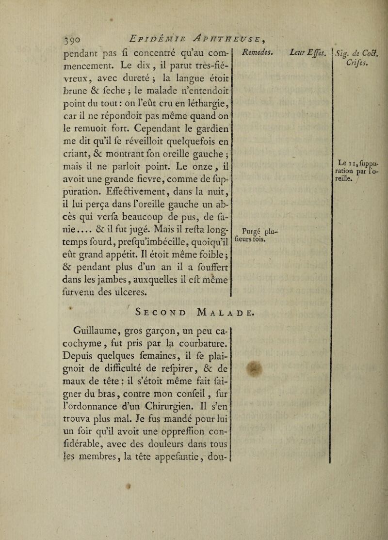 Purgé plu- fieurs fois. pendant pas fi concentré qu’au com¬ mencement. Le dix, il parut très-fié¬ vreux , avec dureté } la langue étoit .brune & feche ; le malade n’entendoit point du tout : on l’eût cru en léthargie, car il ne répondoit pas même quand on le remuoit fort. Cependant le gardien me dit qu’il fe réveilloit quelquefois en criant, & montrant fon oreille gauche ; mais il ne parloit point. Le onze, il avoit une grande fievre, comme de fup- puration. EfFeêKvement, dans la nuit, il lui perça dans l’oreille gauche un ab¬ cès qui verfa beaucoup de pus, de fa- nie.... & il fut jugé. Mais il refia long¬ temps fourd, prefqu’imbécille, quoiqu’il eût grand appétit. Il étoit même foible ; & pendant plus d’un an il a fouffert dans les jambes, auxquelles il efi même furvenu des ulcérés. Second Malade. Guillaume, gros garçon, un peu ca¬ cochyme , fut pris par la courbature. Depuis quelques femaines, il fe plai- gnoit de difficulté de refpirer, & de maux de tête : il s’étoit même fait fai- gner du bras, contre mon confeil, fur l’ordonnance d’un Chirurgien. Il s’en trouva plus mal. Je fus mandé pour lui un foir qu’il avoit une oppreffion con- fidérable, avec des douleurs dans tous les membres, la tête appefantie, dou- Remedes. Leur EJfct. Slg. de Coct» Crifes, Leu, fuppu. ration par l'o¬ reille. *