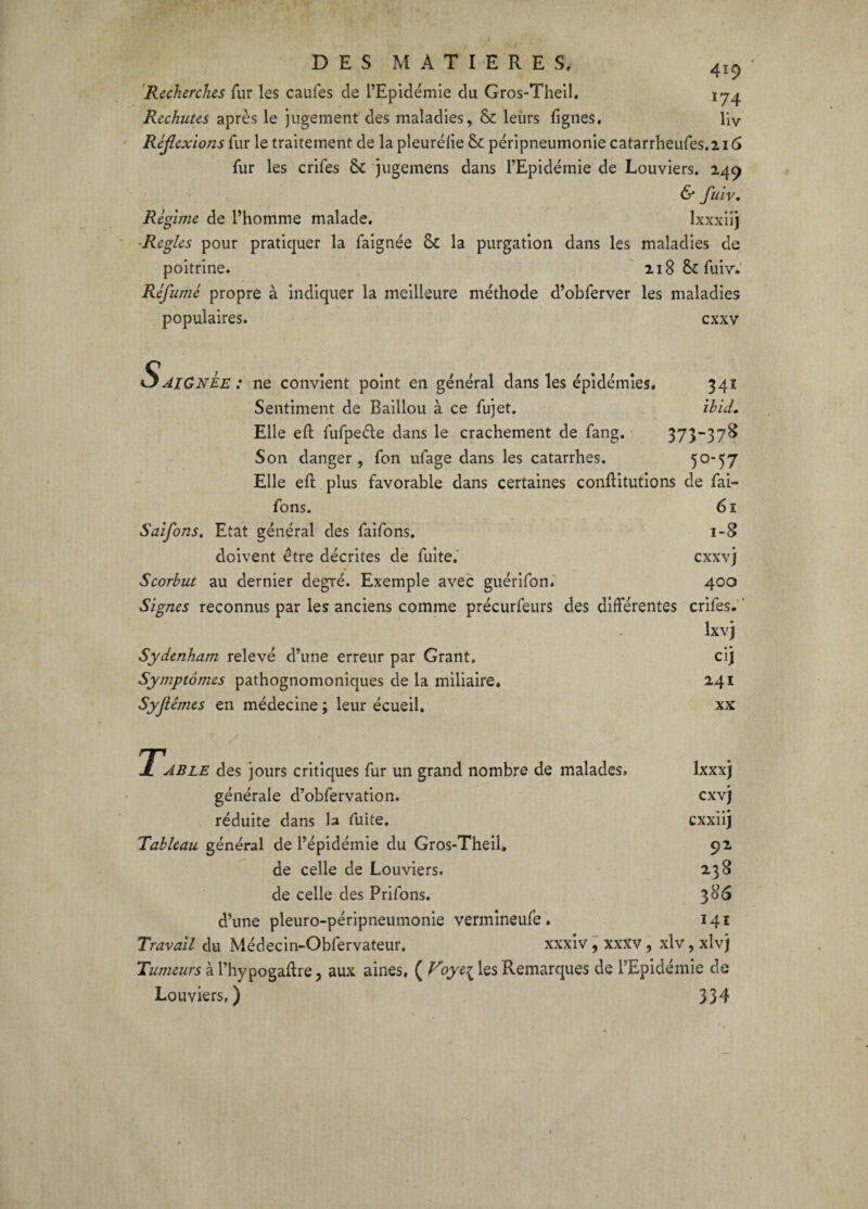 Recherches fur les caufes de l’Epidémie du Gros-Theil. Rechutes après le jugement des maladies, & leùrs lignes. liv Réflexions fur le traitement de la pleurélie & péripneumonie catarrheufes. 21G fur les crifes jugemens dans l’Epidémie de Louviers. 249 & fluiv. Régime de l’homme malade. lxxxiij Réglés pour pratiquer la faignée & la purgation dans les maladies de poitrine. 218 6c fuiv» Réfumé propre à indiquer la meilleure méthode d’obferver les maladies populaires. exxv *3 AIGNEE : ne convient point en général dans les épidémies. 341 Sentiment de Baillou à ce fujet. ibid. Elle eft fufpeéte dans le crachement de fang. 373-378 Son danger, fon ufage dans les catarrhes. 50-57 Elle eft plus favorable dans certaines conftitutions de fai- fons. 61 Saifons. Etat général des faifons. 1-8 doivent être décrites de fuite. cxxvj Scorbut au dernier degré. Exemple avec guérifon. 400 Signes reconnus par les anciens comme précurfeurs des différentes crifes. lxvj Sydenham relevé d’une erreur par Grant. ci) Symptômes pathognomoniques de la miliaire. 241 Syflêmes en médecine ; leur écueil. xx / X AB le des jours critiques fur un grand nombre de malades. lxxxj générale d’obfervation. cxvj réduite dans la fuite. cxxii) Tableau général de l’épidémie du Gros-Theil. 92 de celle de Louviers. 238 de celle des Prifons. flS6 d’une pleuro-péripneumonie vermineufe . 141 Travail du Médecin-Obfervateur. xxxiv, xxxv, xlv, xlvj Tumeurs à l’hypogaftre, aux aines. ( Voyt\ les Remarques de l’Epidémie de Louviers,) 334