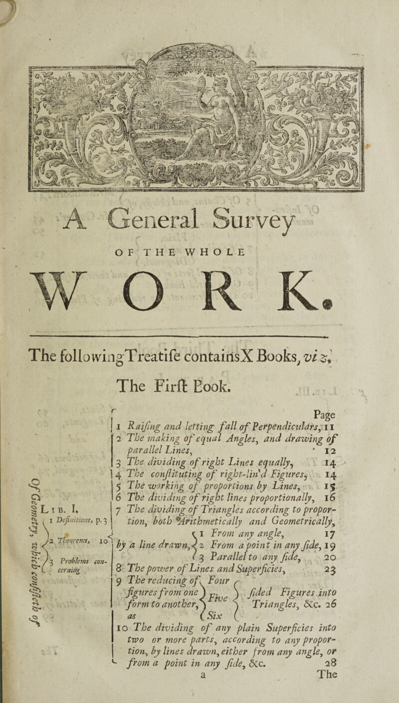 The folio wingTreatife contairisX Books, vi The Firft Book. 3* ■> 4 § L i b. I. I Dei us, p. 3 12 Theorems, lol Problems con¬ cerning f , Page j i Raifing and letting fall of Perpendiculars, 11 2 The mailing of equal Angles, and drawing of parallel Lines, ■ 12 3 77?£ dividing of right Lines equally, 14 4 T&* conjlituting of right-lind Figures3 14 5 The working of proportions by Lines, 15 6 The dividing of right lines proportionally, 16 7 dividing of Triangles according to propor¬ tion, both Arithmetic ally and Geometrically, n From any angle, 17 £7 a line drawn, <2 From a point in any fide, 19 / 3 Parallel to any fide, 20 8 The power of Lines and Superficies, 23 9 T/^ reducing of Four r figures from one j J fided Figures into form to another,) 6 \ Triangles, <$Cc. 26 as (Six ( 10 The dividing of any plain Superficies into two or more parts, according to any propor¬ tion, by lines drawn, either from any angle, or - from a point in any fide, ckc. 28 a The