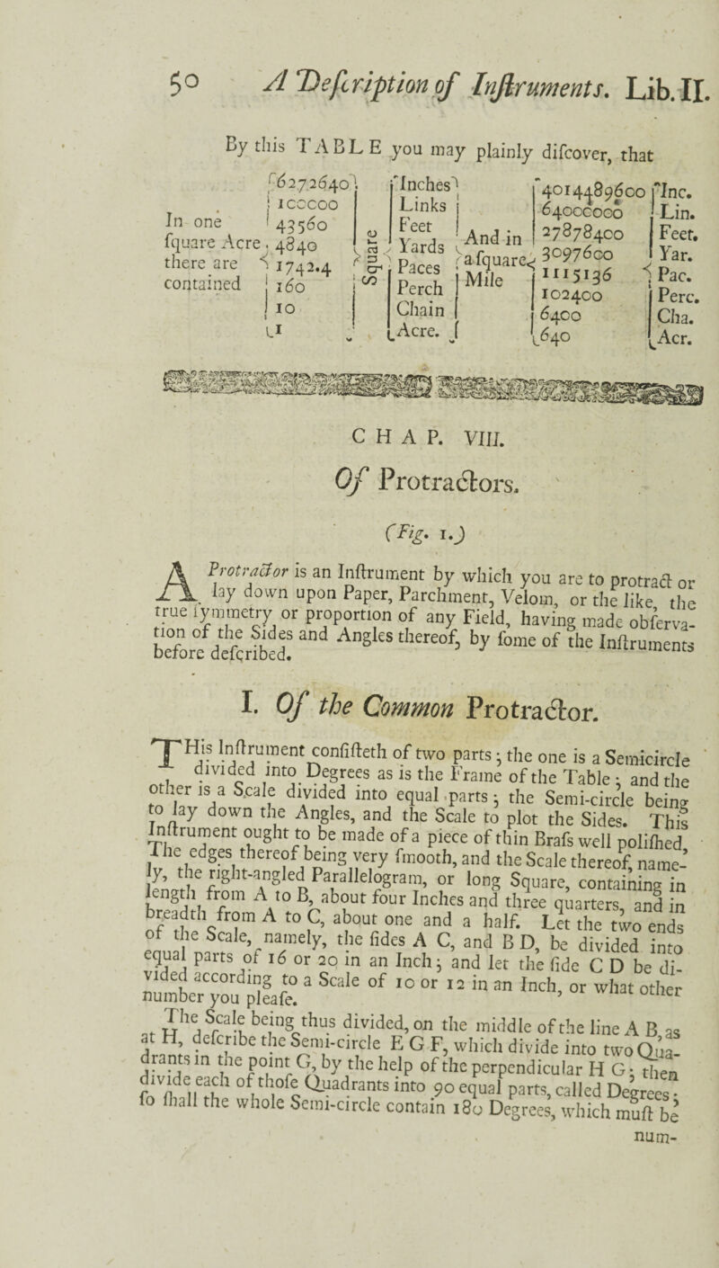 By this I ABLE you may plainly difcover, that 16272640] jicccoo In one I 43560 fquare Acre. 4840 there are h 17^2.4 contained 160 , 10 l iA <D ^ s < cr ' ! CO Inches1 Links Feet Yards And in Paces' Af3.UarC< ffi Perch Ml,e 5 36 Chain 4014^89600 Tine, 64000000 Lin. 27878400 3097600 Acre. 102400 6400 i64° Feet. Yar. 1 Pac. Perc. Cha. Acr. CHAP. VIII. Of Protractors. (Fig. 1.) A Protractor is an Inftrument by which you are to protraeft or lay down upon Paper, Parchment, Velorn, or the like the true tymmetry or proportion of any Field, having made obferva- be°for°e deferred'! “ A”S the°f’ by f°me °f the Inftru'^nts I. Of the Common Protractor. 'T'His Inftrument confifteth of two parts; the one is a Semicircle divided into Degrees as is the Frame of the Table : and the °) r 1S/ Scdlf d'vld(:d mto equal parts j the Semi-circle being to lay down the Angles, and the Scale to plot the Sides. This Inftrument ought to be made of a piece of thin Brafs well polilhed Ihe edges thereof being very fmooth, and the Scale thereof name- y, the right-angled Parallelogram, or long Square, containing in length from A to B about four Inches and three quarters, and in breadth from A to C, about one and a half. Let the two ends of the Scale, namely, the fides A C, and B D, be divided into equal parts of 16 or 20 in an Inch j and let the fide C D be di- 1 **of » »**« *» ^ h'1 a ^-k bc,,nSthus dividcd,on the middle of the line A B as at H defcr.be the Semi-circle E G F, which divide into two Ou* drants in the point G, by the help of the perpendicular H G • then fn7l^ffhh of thof|Q-uadrantsinto 90equal parts,called Degrees - fo ft,all the whole Semi-circle contain 180 Degrees, which muft b| num-