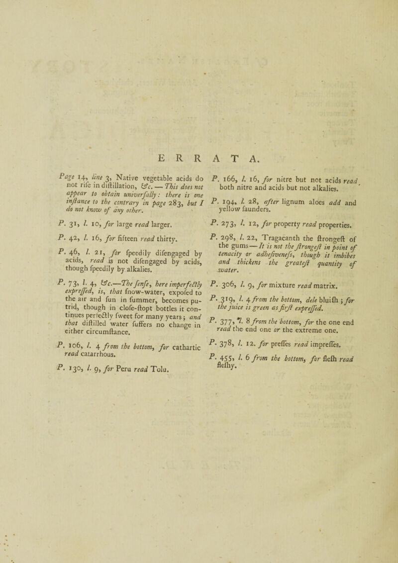 ERRATA. Page 14* line 3, Native vegetable acids do not rile in diftillation, &c. — This does not appear to obtain univerfally: there is one injlance to the contrary in page 283, but I do not know of any other. P. 31, l. 10, for large read larger. P. 42, /. 16, for fifteen read thirty. P. 46, /. 2i, for fpeedily aifengaged by acids, read is not difengaged by acids, though fpeedily by alkalies. P' 73’ 4» &c.—Tbe fenfe, here imperfectly expreffed, is, that fnow-water, expofed to the air and fun in fummer, becomes pu¬ trid, though in clofe-ftopt bottles it con¬ tinues perfectly fweet for many years; and that diftilled water fuffers no change in either circumftance. P. 106, /. 4 from the bottom, for cathartic read catarrhous. P. 130, /. 9, for Peru read Tolu. P. 166, /. 16, for nitre but not acids read both nitre and acids but not alkalies. P. 194, /. 28, after lignum aloes add and yellow faunders. P. 273, /. 12, for property read properties. P. 298, /. 22, Tragacanth the ftrongeft of the gums — It is not the JlrongeJl in point of tenacity or adhefivenefs, though it imbibes and thickens the greatejl quantity of water. P. 306, /. 9, for mixture read matrix. 3r9» ^ 4 from the bottom, dele bluifh ; for the juice is green as firjl expreffed. P' 377> 8 from the bottom, for the one end read the end one or the extreme one. P’ 37^ A 12. for prefies read imprefies. P’ 45 5> A 6 from the bottom, /ir flefh