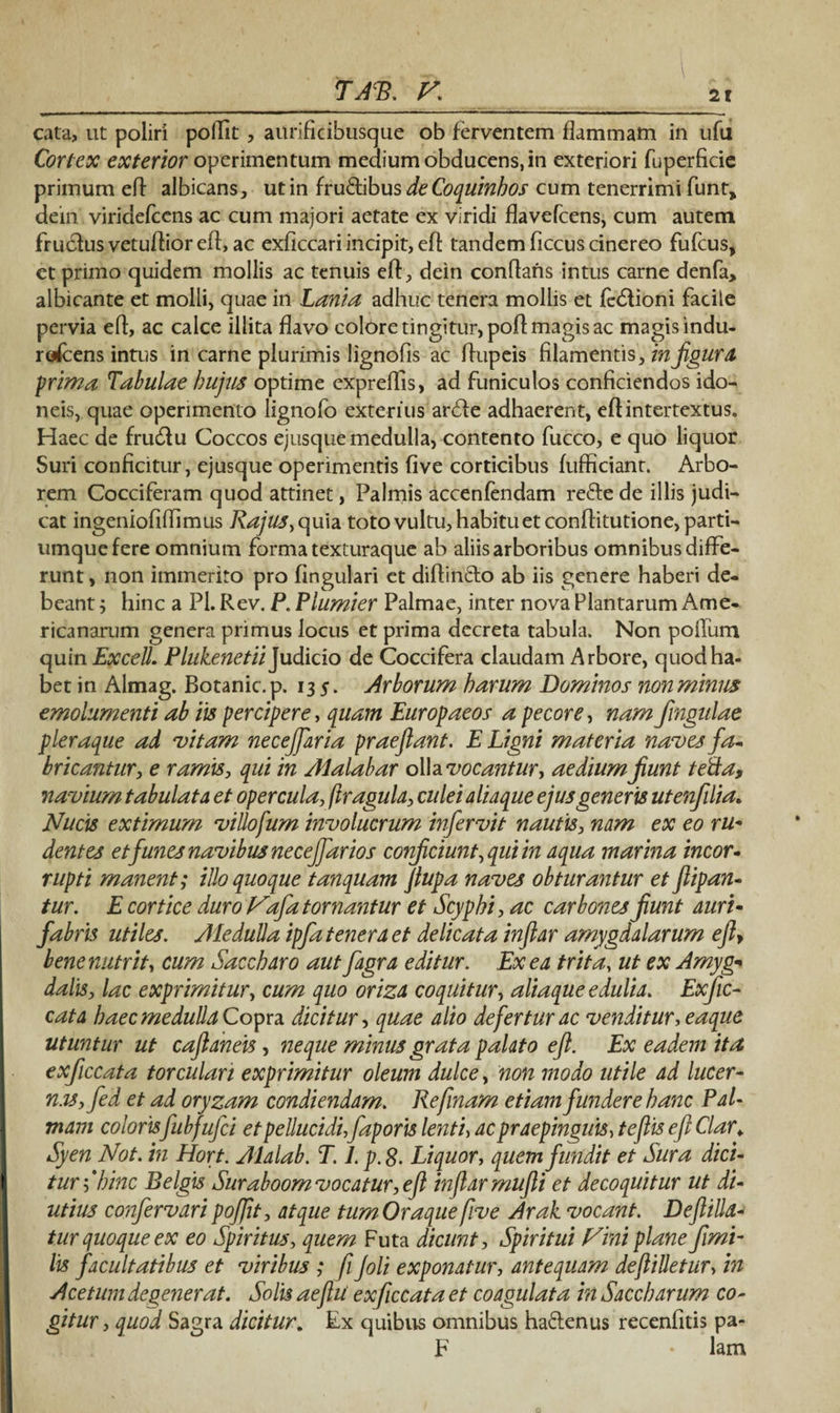 cata, ut poliri pollit , aiirificibusque ob ferventem flammam in ufu Cortex exterior operimentum medium obducens, in exteriori fuperficie primum eff albicans, ut in frudibus de Coquinhos cum tenerrimi funt, dein viridefcens ac cum majori aetate ex viridi flavefcens, cum autem frudus vetuffior efl, ac exficcari incipit, efl tandem ficcus cinereo fufcus, et primo quidem mollis ac tenuis eff , dein conflans intus carne denfa, albicante et molli, quae in Lania adhuc tenera mollis et fedioni facile pervia efl, ac calce illita flavo colore tingitur, poff magis ac magis indu¬ rescens intus in carne plurimis lignofis ac flupeis filamentis, infigura prima Tabulae hujus optime expreffis, ad funiculos conficiendos ido¬ neis, quae operimento lignofo exterius arde adhaerent, eff intertextus. Haec de frudu Coccos ejusque medulla, contento fucco, e quo liquor Suri conficitur, ejusque operimentis five corticibus fufficiant. Arbo¬ rem Cocciferam quod attinet, Palmis accenfendam rede de illis judi¬ cat ingeniofiffimus Rajus,e\u\a toto vultu, habitu et conffitutione, parti- umquefere omnium forma texturaque ab aliis arboribus omnibus diffe¬ runt , non immerito pro fingulari et diffindo ab iis genere haberi de¬ beant ; hinc a Pl. Rev. P. Plumier Palmae, inter nova Plantarum Ame¬ ricanarum genera primus locus et prima decreta tabula. Non polium quin Excell. Plukenetii Judicio de Coccifera claudam Arbore, quod ha¬ bet in Almag. Botanic.p. 13 s> Arborum harum Dominos non minus emolumenti ab iis percipere, quam Europaeos a pecore, nam fingulae pleraque ad vitam necejfaria praejiant. E Ligni materia naves fa¬ bricantur, e ramis, qui in Alalabar oWavocantur, aedium jiunt tetta, navium tabulata et opercula, [tragula, culei aliaque ejus generis utenfilia. Nucis extimum villofum involucrum infervit nautis, nam ex eo ru¬ dentes et funes navibus necejjarios conjiciunt, qui in aqua marina incor¬ rupti manent; illo quoque tanquam Jlupa naves obturantur et jlipan- tur. E cortice duro Vafa tornantur et Scyphi, ac carbones fiunt auri- fabris utiles. AleduUa ipfia tenera et delicata injlar a?nygdalarum ejly bene nutrit, cum Saccharo aut fagra editur. Ex e a trita, ut ex Amyg¬ dalis, lac exprimitur, cum quo oriza coquitur, aliaque edulia. Exjic- cata haec medulla Copra dicitur, quae alio defertur ac venditur, eaque utuntur ut cafianeis, neque minus grata palato ejl. Ex eadem ita exficcata torcular 1 exprimitur oleum dulce, non modo utile ad lucer- nas, fed et ad oryzam condiendam. Refinam etiam funder e hanc Pal¬ mam colorisfubfufci et pellucidi,faporis lenti, ac praepinguis> tejlis efl Clar> Syen Not. in Hort. Alalab. T. 1. p.8. Liquor, quem fundit et Sura dici¬ tur [hinc Belgis Suraboom vocatur, eft injlar mufti et decoquitur ut di¬ utius confervari pofifit, atque tum Oraque five Arak vocant. Dejlilld- tur quoque ex eo Spiritus, quem Futa dicunt. Spiritui Vini plane fimi- lis facultatibus et viribus ; fi Joli exponatur, antequam deftilletur> in Acetum degenerat. Solis aeflu exficcata et coagulata in Saccharum co¬ gitur, quod Sagra dicitur. Ex quibus omnibus hadenus recenfitis pa- F • lam 0