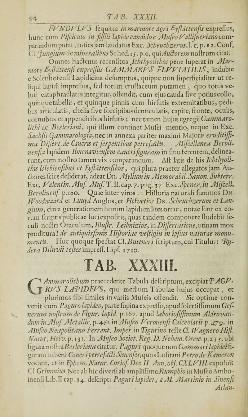 94 FfXNDFLFS jfeqiiitur in marmore agri Byjldttenfis expredus, hunc cum Pijciculo infffli lapide candido e Alujeo Fallijneriano com¬ parandum putat, toties jam laudatus Exc. ScbeucbzerusA. c, p. 12. Conf. C\.jungium de mineralibus Schcd. 15. p.6, oynAudorem nodrum citat. Omnes hadlenus recenlitos lcbtbyolitbos pene luperatin yJlar- more Eyfidttenfi exprefjus GAA1A1ARFS FLFF1ATIL1S, indubie e Solenhofenfi Lapidicina delumptus, quippe non fuperficialiter ut re¬ liqui lapidi impredus, fed totum crudaceum putamen , quo totus ve- luti cata phradlatus integitur, odendit, cum ejus cauda five potius collo, quinque tabellis, et quinque pinnis cum hirfutis extremitatibus, pedi¬ bus articulatis, chelis dve forcipibus denticulatis, capite, fronte, oculis, cornubus et appendicibus hirfutis 5 nec tamen hujus egregii Gammaro- litbi ac Besleriani, qui iilum continet Mufei mentio, neque in Exc. Sacbfli CJannnarologia, nec in annexa pariter maximi Majoris eruditifi- ma Dijjert.de Canem et ferpentibus petrefaftls. Alifcellanea Beroli- nenfia lapidem llmcnavienfem cancrifiguram m finu ferentem, delinea¬ runt, cum nodro tamen vix comparandum. Ad latis de his Icbtbyoli- tbis Islebienfibus et Eyfldttenfibus, qui plura praeter allegatos jam Au- dlores fcire defiderat, adeat D11. Alylium in Alemorabil. Saxon. Subterr. Exc. Valentin. Aluf. Aluf. T. II. cap. 7. p^g. 5 7 Exc. Spener. in AiifcelL Berolinenf. p.ioo. Quae inter viros m Hidoria naturali furnmos Dn. IVoodwaard et Luuyd Anglos,et Helvetios Dn. Scbeucbzerum etLan- gium, circa generationem horum lapidum litesortae, notae funt ex eo¬ rum feriptis publicae luci expodtis, quas tandem componere dudebit fe- culi nedri Oraculum, lllujlr. Leibnizius, m Differtatiene^utmam mox proditura! de antiquis fimis Hifloriae vefiigiis in ipfius naturae monu¬ mentis. Huc quoque fpeclat C1 .Buttneri fcriptum,cui Titulus: Ru- dera Diluvii teftes imprefl. Lipf 1710. TAB. XXXIII. GAmmarolitbum praecedente Tabula deferiptum, excipiat BAGF- RFS LAB1DEFS, qui medium Tabulae hujus occupat, et plurimos fibi limiles in variis Mufeis ollendit. Sic optime cotv venit cum Paguro lapideo, parte fupina expredo, apud folertidimum Gef- nerum noflrum de Figur. lapid. p. 167. apud laboriofifjimum Aldrovan- dum in Aluf Aletallic. p. 4<£i. in Alufeo Feronenfi Calceolarii p.47$. in Alufeo Neapolitano } errant. Imper.mTigurino tede Cl. IVagnero Hift. Natur. Helv. p. 131. In Alufeo Societ. Reg. D. Nebem. Greir. p. 2 5 *. ubi figura noUmBesleriana citatur. Paguri quoque non Gammari lapidei fi¬ guram habent Cancri petrefafti Sinenfes,quos Lufitani Petro de Kameron vocant, ct in Ephem.Natur. Curiof.Dec.il Ann.obj. CXLFlll expofuit Cl Grimmius Necabhicdiverfiabamplilfimo/\h/^/?/;70iu MufeoAmbo- inenfi Lib.II cap. 84. deferipti Paguri lapidei, a AI Alartinio in Stnenfi Atlan-