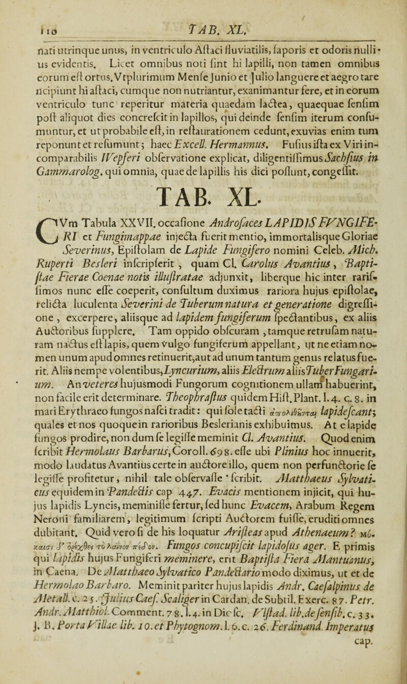 TAB. XL. nati utrinque unus, in ventriculo Allaci liuviatilis, faporis et ocioris nulli¬ us evidentis. Licet omnibus noti fint hi lapilli, non tamen omnibus eorum elt ortus. Vtplurimum Menfe Junio et ]ulio languere et aegro tare ncipiunt hi allaci, cumque non nutriantur, exanimantur fere, et in eorum ventriculo tunc reperitur materia quaedam ladlea, quaequae fenfim poli aliquot dies concrefcitin lapillos, qui deinde fenfim iterum confu- muntur, et ut probabile efl, in reliaurationem cedunt, exuvias enim tum reponunt et rcfumunt; haec Excell. Hermannus. Fufius ifta ex Viri in¬ comparabilis l Vepfer i obfervatione explicat, diligentilfimus Sachfius in Gammarolog, qui omnia, quae de lapillis his dici poliunt, congelfit. TAB. XL CVm Tabula XXVII. occafione Androfaces LAPIDISFFNGlFE- RI et Fungimappae injedfa fuerit mentio, immortalisque Gloriae Severinus, Epiltolam de Lapide Fungifero nomini Celeb. Alich. Ruperti Besleri infcripferit , quam Cl. Carolus Avantius, Bapti- ftae Fierae Coenae notis illuflratae adjunxit, liberque hic inter rarif- fimos nunc elfe coeperit, confultum duximus rariora hujus epiflolae, reli£la luculenta Severini de Tuberum natura et generatione digrefli- one , excerpere, aliisque ad lapidem fungiferum fpedlantibus, ex aliis Auttoribus fupplere. Tam oppido obfcuram ,tamque retrufam natu¬ ram na£Ius ell lapis, quem Vulgo fungiferum appellant, ut ne etiam no¬ men unum apud omnes retinuerit,aut ad unum tantum genus relatusftie- rit. Aliis nempe volentibus^Lyncurium-, aliis Eleilrum aliisTuber Fungar L um. hnveteres hujusmodi Fungorum cognitionem ullam habuerint, non facile erit determinare. Tbeopbrajlus quidem Hilt.Piant. 1.4. c. 8. in mari Erythraeo fungos nafci tradit: qui fole ta6f i lapide/cantj quales et nos quoquein rarioribus Beslerianis exhibuimus. At e lapide fungos prodire, non dum fe legille meminit CL Avantius. Quod enim fcribitHermolaus BarbaruStCoxoW.69s.efte. ubi Plinius hoc innuerit, modo laudatus Avantius certe in audlore illo, quem non perfunftorie le legi (Te profitetur, nihil tale obfervafie * fcribit. Alattbaeus Sylvati- cus equidem in ‘Pandettis cap 447. Evacis mentionem injicit, qui hu¬ jus lapidis Lyncis, meminille fertur, fed hunc Evacem, Arabum Regem Neroni familiarem, legitimum fcripti Auctorem fuifle, eruditi omnes dubitant. Quid vero fi de his loquatur Arifleas apud Athenaeum ? m6- xcucri P optzQei ro hdivov EiPov. Fungos concupifcit lapidojus ager. E primis qui lapidis hujus Fungifcri meminere, erit Bapti/la Fiera Jlantuanus, in Caena. De Alattbaeo Sylvatico Pandeftario modo diximus, ut et de Hermolao Barbaro. Meminit pariter hujus lapidis Andr* Caefalpinus de Aletall.c. 25. -JuliusCaef Scaliger inCardan. deSubtil. Exerc. 8 7- Petr. Andr.JiattbioL Comment. 78.1.4. in Diefc. Flftad. lib.de/enjfib. c. 3 3. J. B. Porta Filiae lib. 10. et Pbytognom. 1.6. c. 26. Ferdinand. Imperatus cap.