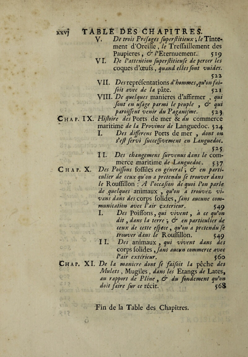 xxvj ïablé des Chapitres. V. De trois Présagés fuperftitieux *, le Tinte¬ ment d’Oreiffe , le Trcflfaillement des Paupières, & /'Eternuement. 519 VI. P)e l’attention Juperflitieufe de percer les coques d’œufs , quand elles font vuides. VII. Des repréfentations d’hommes,qu’on fai- foit avec de la pâte. 521 VIII. De quelques maniérés d’affirmer , qui font en ufage parmi le peuple , & qui paroijfent venir du Paganifme. 523 C H a p. IX. Hiftoire des Ports de mer & du commerce maritime de la Province de Languedoc. 5 24 I. Des dijferens Ports de mer , dont on s'eft fervi fuccejfwement en Languedoc. II. Des changemens furvenus dans le com¬ merce maritime de Languedoc. Ç37 Des Poijfons foffiles en general \ & en parti- culier de ceux qu’on a prétendu fe trouver dans le Rouffillon : A P occafion de quoi l’on parle de quelques animaux , qu’on a trouvez, vu vans dans des corps folides, aucune com¬ munication avec Pair extérieur. 549 I, Des Poiffions, qui vivent, à ce qu’on dit, dans la terre \ & en particulier de ceux de cette efpece, qu’on a prétendu fe trouver dans le Rouffillon. 549 I I. Des animaux , qui vivent dans des corps folides ,Jans aucun commerce avec l’air extérieur. ç6o C H A P, XI, De la maniéré dont fe faifoit la pêche des Mulets , Mugiles , dans les Etangs de Lates, au rapport de Pline, & du fondement qu’on doit faire fur ce récit. C H A P, X. Fin de la Table des Chapitres. i