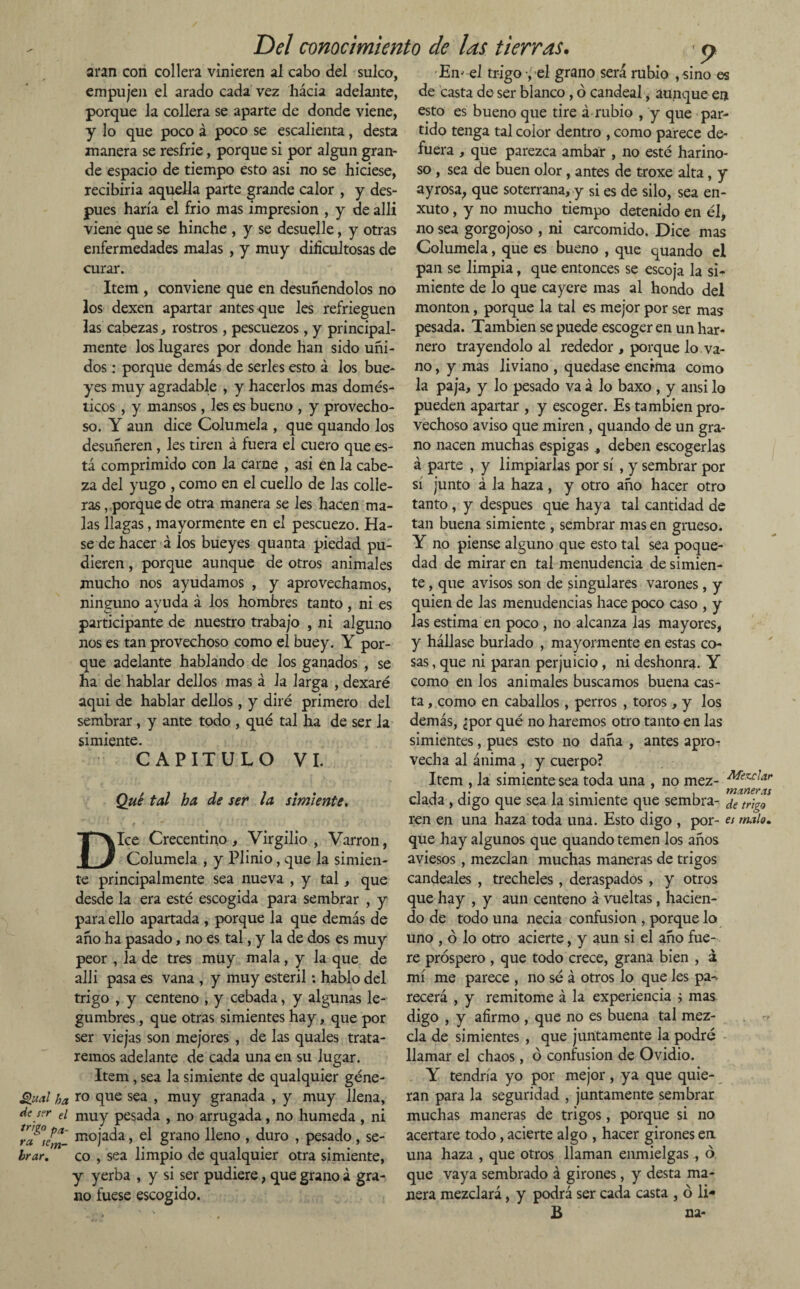 aran con collera vinieren al cabo del sulco, empujen el arado cada vez hacia adelante, porque la collera se aparte de donde viene, y lo que poco á poco se escalienta, desta manera se resfrie, porque si por algún gran¬ de espacio de tiempo esto asi no se hiciese, recibirla aquella parte grande calor , y des¬ pués haría el frió mas impresión , y de allí viene que se hinche , y se desuelle, y otras enfermedades malas , y muy dificultosas de curar. Item , conviene que en desuñendolos no los dexen apartar antes que les refrieguen las cabezas, rostros, pescuezos, y principal¬ mente los lugares por donde han sido uñi¬ dos : porque demás de serles esto á los bue¬ yes muy agradable , y hacerlos mas domés¬ ticos , y mansos, les es bueno , y provecho¬ so. Y aun dice Columela , que quando los desuñeren , les tiren á fuera el cuero que es¬ tá comprimido con la carne , asi en la cabe¬ za del yugo , como en el cuello de las colle¬ ras, porquede otra manera se les hacen ma¬ las llagas, mayormente en el pescuezo. Ha- sede hacer á los bueyes quanta piedad pu¬ dieren , porque aunque de otros animales mucho nos ayudamos , y aprovechamos, nineuno avuda á los hombres tanto , ni es participante de nuestro trabajo , ni alguno nos es tan provechoso como el buey. Y por¬ que adelante hablando de los ganados , se ha de hablar dellos mas á la larga , dexaré aqui de hablar dellos , y diré primero del sembrar, y ante todo , qué tal ha de ser la simiente. CAPITULO VI. Qué tal ha de ser la simiente, Dice Crecentino , Virgilio , Varron, Columela , y Plinio, que la simien¬ te principalmente sea nueva , y tal, que desde la era esté escogida para sembrar , y para ello apartada , porque la que demás de año ha pasado, no es tal, y la de dos es muy peor , la de tres muy mala, y la que de allí pasa es vana , y muy estéril: hablo del trigo , y centeno , y cebada, y algunas le¬ gumbres , que otras simientes hay, que por ser viejas son mejores , de las quales trata¬ remos adelante de cada una en su lugar. Item , sea la simiente de qualquier géne- Qual ha ro que sea > muy granada , y muy llena, ¿e/'r el muy pesada , no arrugada, no húmeda , ni mojac^a > grano Heno > duro , pesado, se- brar. co , sea limpio de qualquier otra simiente, y yerba , y si ser pudiere, que grano á gra¬ no fuese escogido. Em el trigo y el grano será rubio ,sino es de casta de ser blanco, ó candeal, aunque en esto es bueno que tire á rubio , y que par¬ tido tenga tal color dentro , como parece de¬ fuera , que parezca ambar , no esté harino¬ so , sea de buen olor, antes de troxe alta, y ayrosa, que soterrana, y si es de silo, sea en- xuto, y no mucho tiempo detenido en él, no sea gorgojoso , ni carcomido. Dice mas Columela, que es bueno , que quando el pan se limpia, que entonces se escoja la si¬ miente de lo que cayere mas al hondo del monton, porque la tal es mejor por ser mas pesada. También se puede escoger en un har¬ nero trayendolo al rededor , porque lo va¬ no , y mas liviano , quedase encima como la paja, y lo pesado va á lo baxo , y ansi lo pueden apartar , y escoger. Es también pro¬ vechoso aviso que miren , quando de un gra¬ no nacen muchas espigas, deben escogerlas á parte , y limpiarlas por sí , y sembrar por sí junto á la haza, y otro año hacer otro tanto, y después que haya tal cantidad de tan buena simiente , sembrar mas en grueso. Y no piense alguno que esto tal sea poque¬ dad de mirar en tal menudencia de simien¬ te , que avisos son de singulares varones, y quien de las menudencias hace poco caso , y las estima en poco, no alcanza las mayores, y hállase burlado , mayormente en estas co¬ sas , que ni paran perjuicio, ni deshonra. Y como en los animales buscamos buena cas¬ ta , como en caballos, perros , toros, y los demás, ¿por qué no haremos otro tanto en las simientes, pues esto no daña , antes apror vecha al ánima , y cuerpo? Item , la simiente sea toda una , no mez- ciada , digo que sea la simiente que sembra- ¿e tr¡g0 ren en una haza toda una. Esto digo , por- es malo. que hay algunos que quando temen los años aviesos , mezclan muchas maneras de trigos candeales , trecheles , deraspados , y otros que hay , y aun centeno á vueltas, hacien¬ do de todo una necia confusión , porque lo uno , ó lo otro acierte, y aun si el año fue¬ re próspero , que todo crece, grana bien , á mí me parece , no sé á otros lo que les pa-. recerá , y remitome á la experiencia ; mas digo , y afirmo , que no es buena tal mez¬ cla de simientes , que juntamente la podré llamar el chaos, ó confusión de Ovidio. Y tendría yo por mejor, ya que quie¬ ran para la seguridad , juntamente sembrar muchas maneras de trigos , porque si no acertare todo, acierte algo , hacer girones en una haza , que otros llaman enmielgas , ó que vaya sembrado á girones, y desta ma¬ nera mezclará, y podrá ser cada casta , ó li¬ li na-