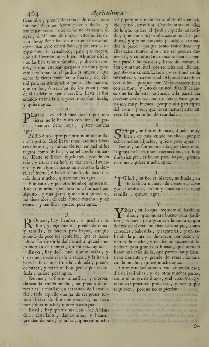 tiene olor , prende de rama , de raiz cunde mucho. Algunos hacen paredes dellas, y son muy malas , que como no las sacude el ayre , se hinchen de piojos : estos no las de- xan llevar flor : han de estar en parte adon¬ de reciban ayre de un lado , y de otro , en espaldares , ó cenadores , para que trepen, que alli llevarán muy bien. Algunos dirán, que las han tenido un año , y dos en pare¬ des , y que estaban cargados de flor ; pero esto será quando el jardín es nuevo , que como la tierra tiene tanta fuerza , dá vir¬ tud para resistir aquellos piojos. De manera, que en dos, ó tres años no los crian ; mas de alli adelante por maravilla lleva la flor estando arrimada á la pared ; su fluí huele, y quiere agua. P PLatano , es árbol medicinal : por esta tierra no le he visto con flor , ni gra¬ na , siempre tiene hoja , quiere mucha agua. Palillo duro , que por otro nombre se lla¬ ma legustio. Este lleva unos racimos blan¬ cos olorosos , y se convierten en racimillos negros como ubilla , y aquella es la simien¬ te. Deste se hacen espaldares , prende de raiz , y estaca : su hoja se cae en el Invier¬ no , y en algunas partes no ; caúsalo la tier¬ ra ser fuerte , ó haberlos motilado baxo : su raíz dura mucho , quiere mucha agua. Pimiento , y por otro nombre agnocasto. Este es un árbol que lleva una flor azul por Agosto , y una-grana que tira á pimiento, no tiene olor, de raiz cunde mucho , y de estaca , y semilla , quiere poca agua. ' . . R ROmero , hay hembra , y macho : su flor , y hoja huele , prende de rama, y semilla , es bueno para hayas , aunque adonde dá poco sol centellea , que es hacer faltas. La tigera lo daña mucho quando no lo motilan en tiempo , quiere poca agua. Ruyes , hay dos , uno que es zarza , y otro que parece el palo á saúco , y la hoja á parra : lleva una frutilla colorada , prende de estaca , y raiz : su hoja perece por la oto¬ ñada , quiere poca agua. Retama , su flor es amarilla , y olorosa, de semilla cunde mucho , no prende de es¬ taca : si la motilan en acabando de llevar la flor , todo aquello que ha de ser grana tor¬ na á llevar de flor amugronada, no hace raiz , dura mucho , quiere poca agua. Rosal , hay quatro maneras ; de Alejan¬ dría , castellano , damasquino, y blanco: prenden de raiz, y rama , quieren mucho sol ; porque si están en sombrío dán en vi¬ cio , y no llevan flor. Donde atrás se dice de lo que quiere el jardín , queda adverti¬ do , que sen muy embarazosos en los jar¬ dines , y que no conviene plantarlos arrima¬ dos á pared : porque como son chicos , y ellos echan tantos hijos, no se pueden do¬ meñar , y como están arrimados por la ma¬ yor parte á las paredes , hanse de cortar, ó atar , y atanse mal por ser leña con dientes: por Agosto se seca la hoja , y se hinchen de telarañas, y parecen mal. Algunos están bien con ellos , porque por Mayo parecen bien con la flor , y esto es quince dias. Y la co¬ sa que ha de estar arrimada á la pared ha de estar verde casi todo el año. Para gran¬ jas son muy buenos , porque alli participan del ayre , y sol, que es su natural estar en raso. El agua se les dé templada. S SEringa , su flor es blanca , huele muy bien , de raiz cunde mucho , porque echa muchos hijuelos, quiere poca agua. Seriso , su flor es amarilla , no tiene olor, la grana está en unos cuernecillos, su hoja dura siempre , es bueno para hayas, prende de rama , quiere mucha agua. T Tlllori , su flor es blanca , no huele , su hoja tira á manera de corazón , cáese por la otoñada , es muy medicinal, tiene semilla , quiere agua. Y > Edra , en lo que requiere el jardín se dixo , que no era bueno para jardi¬ nes , es buena para granjas : la causa es que dentro de sí cria muchas sabandijas, como caracoles , babosilla , y lagartijas , y en sa¬ liendo la planta la destrozan por baxo , y esto es de noche , y de dia se recogen á la yedra : para granjas es buena , que se suele hacer una calle della, que parece muy bien: tiene simiente , y prende de rama, de raiz cunde mucho , quiere mucha agua. Otros muchos árboles van viniendo cada dia de las Indias , y de otras muchas partes, como el sangre de drago , y el arcol vitis, y noninsis: procuren probarlos , y ver lo que requieren , porque no se pierdan. Or-