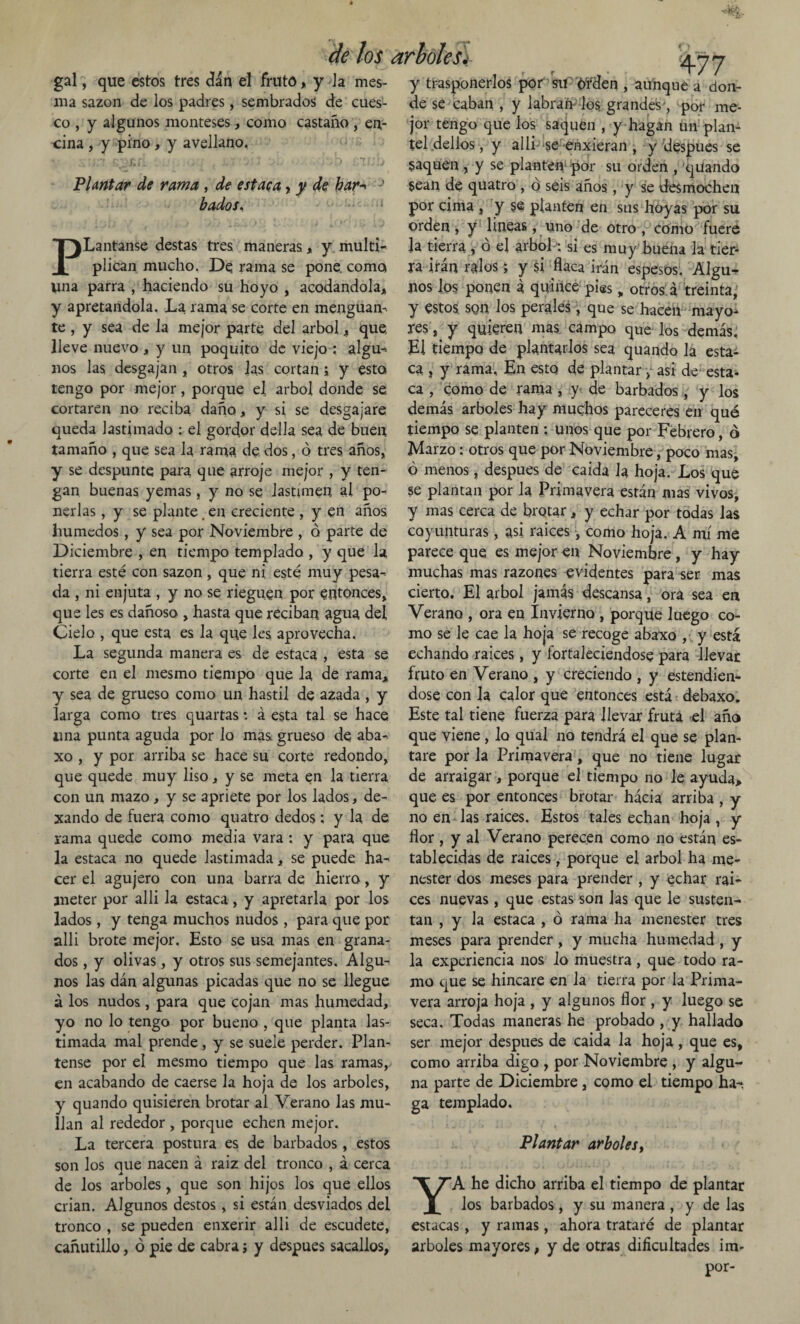 gal, que estos tres dan el fruto, y la mes- ma sazón de los padres, sembrados de cues¬ co , y algunos monteses, como castaño , en¬ cina , y pino, y avellano. í, r Plantar de rama , de estaca, y de bar-* - hados, PLantanse destas tres maneras, y multi¬ plican mucho, De rama se pone, como Vina parra , haciendo su hoyo , acodándola, y apretándola. La rama se corte en menguan- te , y sea de la mejor parte del árbol * que lleve nuevo , y un poquito de viejo : algu¬ nos las desgajan , otros las cortan; y esto tengo por mejor, porque el árbol donde se cortaren no reciba daño, y si se desgajare queda lastimado : el gordor della sea de buen tamaño , que sea la rama de dos, ó tres años, y se despunte para que arroje mejor , y ten¬ gan buenas yemas, y no se lastimen al po¬ nerlas , y se plante .en creciente , y en años húmedos, y sea por Noviembre , ó parte de Diciembre , en tiempo templado , y que la tierra esté con sazón, que ni esté rnuy pesa¬ da , ni enjuta , y no se rieguen por entonces, que les es dañoso , hasta que reciban agua del Cielo , que esta es la que les aprovecha. La segunda manera es de estaca , esta se corte en el mesmo tiempo que la de rama* y sea de grueso como un hastil de azada , y larga como tres quartas: á esta tal se hace una punta aguda por lo mas grueso de aba- xo , y por arriba se hace su corte redondo, que quede muy liso, y se meta en la tierra con un mazo, y se apriete por los lados, de- xando de fuera como quatro dedos ; y la de rama quede como media vara ; y para que la estaca no quede lastimada, se puede ha¬ cer el agujero con una barra de hierro, y meter por alli la estaca, y apretarla por los lados, y tenga muchos nudos, para que por alli brote mejor. Esto se usa mas en grana¬ dos , y olivas, y otros sus semejantes. Algu¬ nos las dán algunas picadas que no se llegue á los nudos , para que cojan mas humedad, yo no lo tengo por bueno , que planta las¬ timada mal prende, y se suele perder. Plán¬ tense por el mesmo tiempo que las ramas, en acabando de caerse la hoja de los arboles, y quando quisieren brotar al Verano las mu¬ llan al rededor , porque echen mejor. La tercera postura es de barbados, estos son los que nacen á raiz del tronco , á cerca de los arboles, que son hijos los que ellos crian. Algunos destos, si están desviados del tronco , se pueden enxerir alli de escudete, cañutillo, ó pie de cabra; y después sacallos, drhólesl Al 7 y trasponerlos por su Orden , aunque a don¬ de se caban , y labran los grandes', por me¬ jor tengo que los saquen , y hagan im plan¬ tel .dellos, y alli-se-enxieran , y'después se Saquen , y se planten por su orden , quando sean de quatro , ó seis años, y se desmochen por cima , y §e planten en sus hoyas por su orden, y lineas, uno de otro, como fuere Ja tierra , o ej árbol: si es muy buena la tier¬ ra irán ralos; y si flaca irán espesos. Algu¬ nos los ponen á quince pies „ otros á treinta, y estos son los perales, que se hacen mayo¬ res , y quieren mas campo que los demás. El tiempo de plantarlos sea quando la esta¬ ca , y rama. En estq de plantar y asi de- esta- ca , como de rama , y de barbados , y los demás arboles hay muchos pareceres en qué tiempo se planten ; unos que por Febrero, ó Marzo: otros que por Noviembre, poco mas, ó menos, después de caída Ja hoja. Los que se plantan por la Primavera están mas vivos, y mas cerca de brotar, y echar por todas las coyunturas, asi raíces, como hoja. A mí me parece que es mejor en Noviembre, y hay muchas mas razones evidentes para ser mas cierto. El árbol jamás descansa, ora sea en Verano , ora en Invierno , porque luego co¬ mo se le cae la hoja se recoge abaxo , y está echando raíces, y fortaleciéndose para llevar fruto en Verano , y creciendo , y estendien- dose con la calor que entonces está debaxo. Este tal tiene fuerza para llevar fruta el año que viene, lo qual no tendrá el que se plan¬ tare por la Primavera, que no tiene lugar de arraigar, porque el tiempo no le ayuda, que es por entonces brotar hácia arriba , y no en las raíces. Estos tales echan hoja , y flor , y al Verano perecen como no están es¬ tablecidas de raíces, porque el árbol ha me¬ nester dos meses para prender , y echar raí¬ ces nuevas, que estas son Jas que le susten¬ tan , y la estaca , ó rama ha menester tres meses para prender, y mucha humedad , y la experiencia nos lo muestra , que todo ra¬ mo que se hincare en la tierra por la Prima¬ vera arroja hoja , y algunos flor , y luego se seca. Todas maneras he probado , y hallado ser mejor después de caída la hoja, que es, como arriba digo , por Noviembre , y algu¬ na parte de Diciembre, como el tiempo ha¬ ga templado. Plantar arboles, YA he dicho arriba el tiempo de plantar los barbados, y su manera , y de las estacas, y ramas, ahora trataré de plantar arboles mayores, y de otras dificultades im- por-