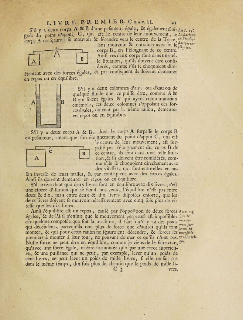 gnés du corps A □ élément en repos LIVRE P R E M I E R. Chap. IL Zi point d’appui. C, qui eft le centre de leur mouvementj XeLaflatiqû ne l'çauroit fe mouvoir 6c décendre vers le centre de la Terre^Mydre- ' fans mouvoir 6c entrainer avec foi ex~ o-- corps B , en l’éloignant de ce centre. Ainfi ces deux corps font dans une tel¬ le fituation, qu’ils doivent être confi- déiés, comme s’ils fe choquoient dire- avec des forces égales, 6c par conféquent ils doivent demeurer ou en équilibre. 7V a B S’il y a deux colomnes d’air', ou d’eau ou de quelque fluide que ce puifle être, comme A 6c B qui foient égales 6c qui ayent communication enfemble; ces deux colomnes s’oppolànt des for¬ ces égales, doivent par la même raifon, demeurer en repos ou en équilibré. S’il y a deux corps A 6c B, dont le corps A furpaflè le corps B en pefanteur, autant que fon éloignement du point d’appui C, qui eft le centre de leur mouvement, eft fur- 7\ “ ~~l pafié par l’éloignement du corps B de c B ce centre, ils font dans une teile fitua- —— tion ,6c ils doivent être confidérés, com¬ me s’ils fe choquoient direélement avec des vitclfes, qui font entre elles en rai- \ fon inverfe de leurs maflês, 6c par conféquent avec des forces égales. Ainfl ils doivent demeurer en repos ou en équilibre. S’il arrive dont que deux livres font en équilibre avec dix livres ;c’eft une efpece d’illuflon qui fe fait à nos yeux, l’équilibre n’eft pas entre deux 8c dix, mais entre deux êc dix livres diipofées enforte, que les deux livres doivent fe mouvoir néceflàirement avec cinq fois plus de vi- tefié que les dix livres. Ainfl l’équilibre eft un repos , caufé par l’oppo^tion de deux forces Art. ï# égales, 6c de l’à il s’enfuit que le mouvement perpétuel eft impoflible• car quelque compofée que foit la machine, il faut qu’il y ait des poids m0llve’ qui décendent, parceau’ils ont plus de force que d’autres qu’ils font monter, 6c qui pour cette raifon ne fçauroient décendre, 6c forcer les ïmpojfibls premiers à monter à leur tour, ne pouvant donner ce qu’ils n’ont pas.vrchimirt- Nulle force ne peut être en équilibre, comme je viens de le faire voir, %ue> qu’avec une force égale, ni être furmontée que par une force fuperieu- re, 6c une puilfance qui ne peut , par exemple, lever qu’un poids de cent livres, ne peut lever un poids de mille livres, fi elle ne fait pas dans le même temps, dix fois plus de chemin que le poids de mille îi- C 3 vres.