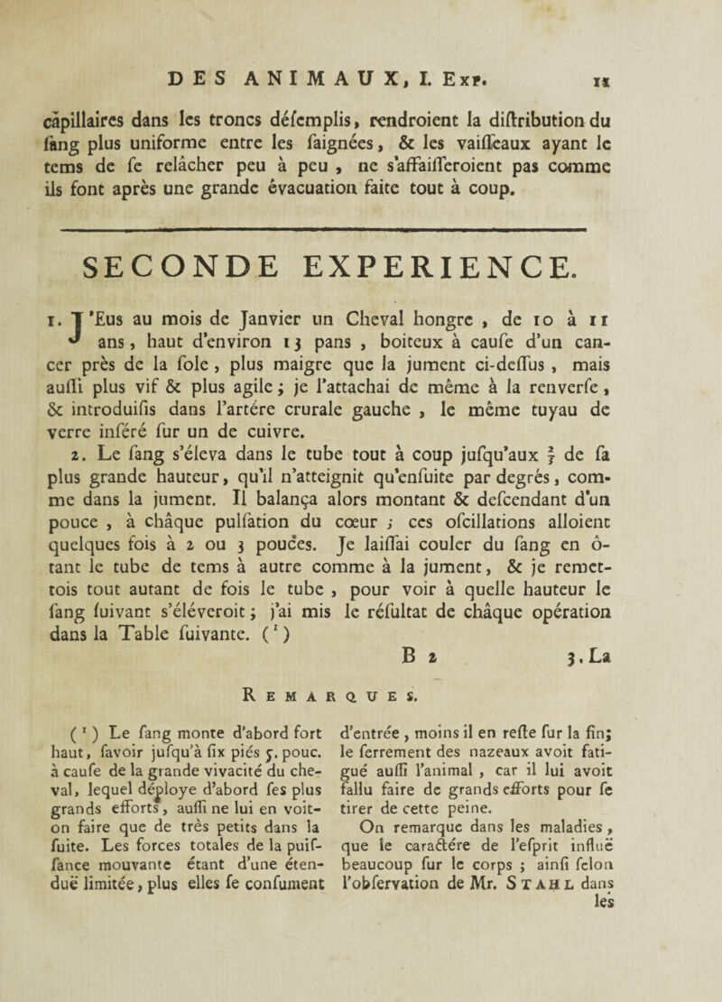 capillaires dans les troncs défcmplis, rendraient la diftribution du fang plus uniforme entre les faignées, & les vaiffeaux ayant le tems de fe relâcher peu à peu , ne saffaifTeroient pas comme ils font après une grande évacuation faite tout à coup. SECONDE EXPERIENCE. i. T'Eus au mois de Janvier un Cheval hongre , de io à n ** ans, haut d'environ 13 pans , boiteux à caufe d’un can¬ cer près de la foie , plus maigre que la jument ci-defïus , mais aulli plus vif & plus agile ; je l’attachai de même à la renverfe, & introduits dans l’artére crurale gauche , le même tuyau de verre inféré fur un de cuivre. 2. Le fang s’éleva dans le tube tout à coup jufqu’aux J de fa plus grande hauteur, qu'il n’atteignit qu'enfuite par degrés, com¬ me dans la jument. Il balança alors montant & defeendant d’un pouce , à châque pulfation du cœur ; ces ofcillations alloienn quelques fois à 2 ou 3 pouces. Je laifïai couler du fang en ci¬ tant le tube de tems à autre comme à la jument, & je reroet- tois tout autant de fois le tube , pour voir à quelle hauteur le fang fuivant s’éléveroit ; j’ai mis le réfultac de châque opération dans la Table fuivante. (1 ) B 2 3. La Remarques. ( 1 ) Le fang monte d’abord fort d’entrée , moins il en relie far la fin; haut, favoir jufqu’à fix pies j. pouc. le ferrement des nazeaux avoit fati- à caufe de la grande vivacité du che- gué aulfi l’animal , car il lui avoit val, lequel déployé d’abord fes plus fallu faire de grands efforts pour fe grands efforts, auffi ne lui en voit- tirer de cette peine, on faire que de très petits dans la On remarque dans les maladies , fuite. Les forces totales de la puif- que le caractère de l’efprit influe fance mouvante étant d’une éten- beaucoup fur le corps ; ainfi félon due limitée, plus elles fe confument l’obfervation de Mr. Sïahl dans les