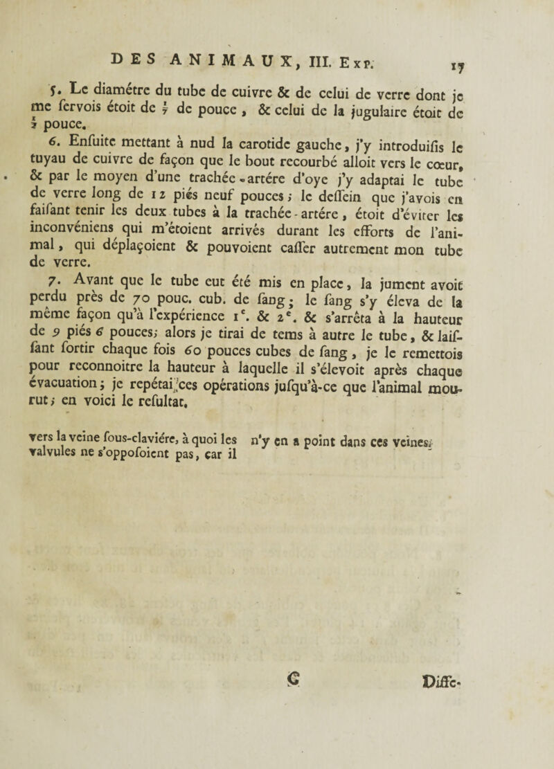 DES ANIMAUX, III. E xp. Xj f» Le diamètre du tube de cuivre & de celui de verre dont je me fervois etoit de 7 de pouce , & celui de la jugulaire étoit de ? pouce. 6. Enfuitc mettant à nud la carotide gauche, j’y introduis le tuyau de cuivre de façon que le bout recourbé alloit vers le coeur, & par le moyen d’une trachée-artére d’oye ;’y adaptai le tube de verre long de 12 piés neuf pouces ; le deflein que j’avois en faifant tenir les deux tubes à la trachée - artère, étoit d’éviter les inconvéniens qui m etoient arrivés durant les efforts de l’ani¬ mal , qui dépîaçoient & pouvoient caflér autrement mon tube de verre. 7. Avant que le tube eut été mis en place, la jument avoit perdu près de 70 ^pouc. cub. de fang ; le fang s’y éleva de la même façon qu’a 1 expérience ic. & 2e. Sc s’arrêta à la hauteur de 9 piés € pouces; alors je tirai de feras à autre le tube, & laif- fant fortir chaque fois 60 pouces cubes de fang, je le remettois pour reconnoitre la hauteur à laquelle il s’élevoit après chaque évacuation ; je repétafees opérations jufqu’à-ce que l’animal mou¬ rut ; en voici le refultat, vers la veine fous-claviére, à quoi les n’y en a point dans ces veines; valvules ne s’oppofoient pas, car il G Diffe-