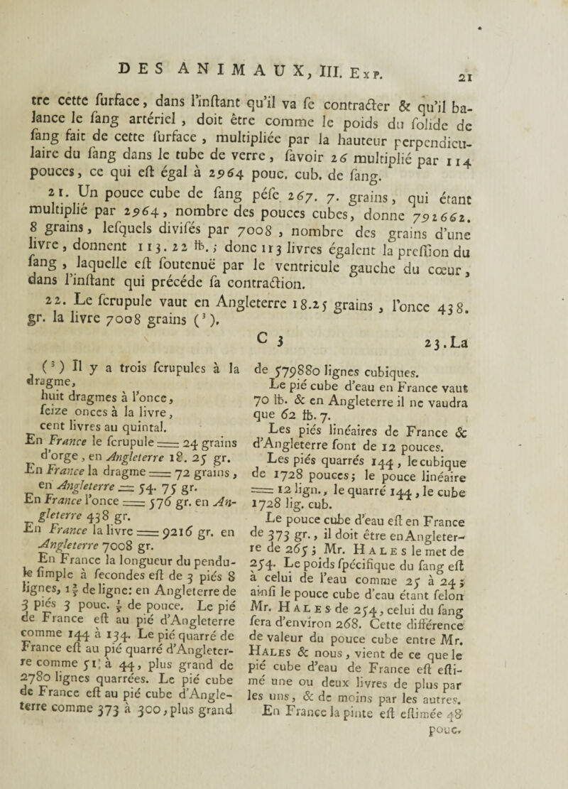 21 trc cette furface, dans l’inftant qu’il va fe contraéter & qu’il ba¬ lance le fang artériel , doit être comme le poids du folide de fang fait de cette rurface , multipliée par la hauteur perpendicu¬ laire du fang dans le tube de verre, ravoir 26 multiplié par 114 pouces, ce qui elt égal à 2964 pouc. cub. de rang. 21. Un pouce cube de rang pefe 267. 7. grains, qui étant multiplié par 2964, nombre des pouces cubes, donne 791662. 8 grains, krquels divifés par 7008 , nombre des grains d’une livre , donnent 113.22 ; donc 113 livres égalent la prdîion du lang ^laquelle eft foutenuë par le ventricule gauche du cœur, dans Imitant qui précédé ha contraction. 22. Le fcrupule vaut en Angleterre 18.25 grains , l’once 438. gr. la livre 7008 grains (3), C 3 2 3.La (3 ) Il y a trois fcrupules à la dragme, huit dragmes à l’once, feize onces à la livre, cent livres au quintal. En France le fcrupule-3.4 grains d’orge , en Angleterre 18. 25 gr. En France la dragme-72 grains , en Angleterre — 54. 75 gr. ■Ln France 1 once-576 gr. en An¬ gleterre 438 gr. En France la livre = 9216 gr. en Angleterre 7008 gr. En France la longueur du pendu¬ le (impie à fécondés elt de 3 piés S lignes, 11 de ligne: en Angleterre de 3 piés 3 pouc. 5. de pouce. Le pié ce France elt au pié d’Angleterre comme 144 a 134* Ee pié quarré de France elt au pié quarré d’Angleter¬ re comme yi; à 44, plus grand de 2780 lignes quarrées. Le pié cube de France elt au pié cube d’Angle¬ terre comme 373 à 3CO,plus grand de 579880 lignes cubiques. Le pié cube d’eau en France vaut 70 tfc. & en Angleterre il ne vaudra que <52 fc. 7. Les piés linéaires de France Sc d’Angleterre font de 12 pouces. Les piés quarrés 144, le cubique de 1728 pouces; le pouce linéaire = 12 lign., le quarré 144, le cube 1728 lig. cub. Le pouce cube d’eau elt en France 373 Sr‘ > d doit être enAngleter- re de 2<5y ; Mr. Hales le met de 254. Le poids fpécifique du fang elt a celui de l’eau comme 25 à 24 ; ai-nfi le pouce cube d’eau étant félon Mr. Hales de 254, celui du fang fera d environ 2<58. Cette différence de valeur du pouce cube entre Mr. Hales & nous, vient de ce que le pié cube d’eau de France elt efti- me une ou deux livres de plus par les uns, ôc de moins par les autres. En France la pinte elt ellimée 48 pouc.