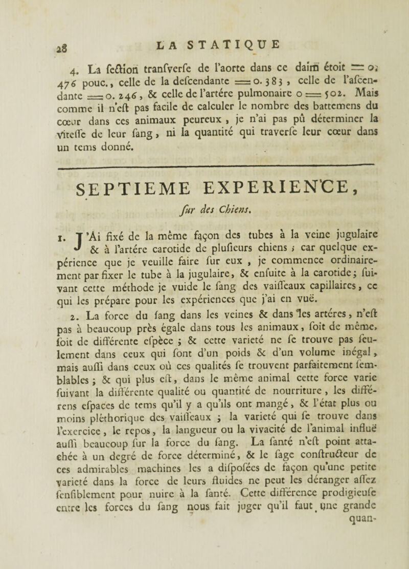 4. La fe&ion tranfverfe de l’aorte dans ce daim étoit — oj 4y6 pouc., celle de la defeendante =0.383 j celle de l’afcen- dante = o. 246, & celle de l’artére pulmonaire o = 502. Mais comme il n’eft pas facile de calculer le nombre des battemens du coeur dans ces animaux peureux , je n’ai pas pû déterminer la Viteflc de leur fang, ni la quantité qui traverfe leur cœur dans un tems donné. SEPTIEME EXPERIENCE, fur des Chiens. 1. T ’Ai fixé de la même façon des tubes a la veine jugulaire J & à l’artére carotide de plufieurs chiens > car quelque ex¬ périence que je veuille faire fur eux , je commence ordinaire¬ ment par fixer le tube à la jugulaire, & enfuite a la carotide; fui- vant cette méthode je vuide le fang des vailleaux capillaires, ce qui les prépare pour les expériences que j’ai en vue. 2. La force du fang dans les veines & dans les artères, n’eff pas a beaucoup près égale dans tous les animaux, foit de même, ioit de différente efpèce ; & cette variété ne fe trouve pas feu¬ lement dans ceux qui font d’un poids &c d’un volume inégal, mais aufli dans ceux où ces qualités fe trouvent parfaitement fém- blables ; & qui plus eff, dans le même animai cette force varie fuivant la differente qualité ou quantité de nourriture , les difFé- rens efpaces de tems qu’il y a qu’ils ont mangé, & l’état plus ou moins pléthorique des vailleaux ; la variété qui fe^ trouve dans l’excrcice , le repos, la langueur ou la vivacité de l’animal influe aufli beaucoup fur la force du fang. La fantç neft point atta¬ chée à un degré de force déterminé, & le fage conftru&eur de ces admirables machines les a difpofecs de façon qu une petite variété dans la force de leurs fluides ne peut les déranger affez fcnfiblemcnt pour nuire à la fanté. Cette différence prodigieufe entre les forces du fang nous fait juger qu’il faut t une grande quan-