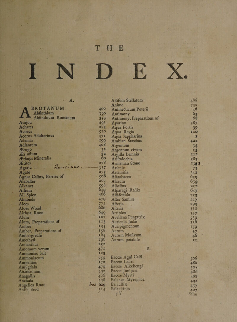 THE INDEX. • A. Anifum Stellatum 486 Anime 73° /% BROTANUM 400 Antihedlicum Poterii 46 /A Abfinthium 35°, Antimony 63 ^ Abfinthium Romanum 353 Antimony, Preparations of 68 Acajou 491 Aparine 387 Achates 2 75 Aqua Fortis 99 Acorus 570 Aqua Regia 100 Acorus Adulterinus 57i Aqua Sappharina 2 Adamas 299 Arabian Staechas 422 Adiantum 408 Argentum 34 iErugo 32 Argentum vivum 53 JEs uftum 32 Argilla Lemnia 222 iEthops Mineralis 60 Ariftolochia 583 Aitites 278 Armenian Stone 23f9 ■ Agaric — i hu* --337 Arl'enic 73 Agate 275 Artemifia 342 Agnus Callus, Berries of 506 Afarabacca 639 Alabafter 267 Afarum 639 Alkanet 598 Albeftus 252 Allium 659 Afparagi Radix 647 All Spice 466 Aiiafcetida 753 Almonds 479 After Samius 227 Aloes 772 Afteria 299 Aloes Wood 686 Afteria 310 Althaea Root 649 Atriplex 347 Alum 107 Avellana Purgatrlx 539 Alum, Preparations of 113 Auricula Judae 336 Amber >55 Auripigmentum lS9 Amber, Preparations of 158 Aurum 47 Ambergreafe 165 Aurum Mufivum 46 Amethyft 296 Aurum potabile 5i Amianthus 252 Amomum verum 470 B. Ammoniac Salt 123 Ammoniacum 759 Baccae Agni Cafti 506 Ampelites 170 Baccae Lauri 486 Amygdala 479 Baccae Alkekengi 507 Anacardium 490 Baccae Juniperi 486 Anagallis 406 Baccae Myrti 488 Anchufa 598 Balanus Myrepfica 492 Angelica Root bo3. 609 Balauftiae 437 Anife Seed 5l4 Balauftines 407 - 5^ Balm