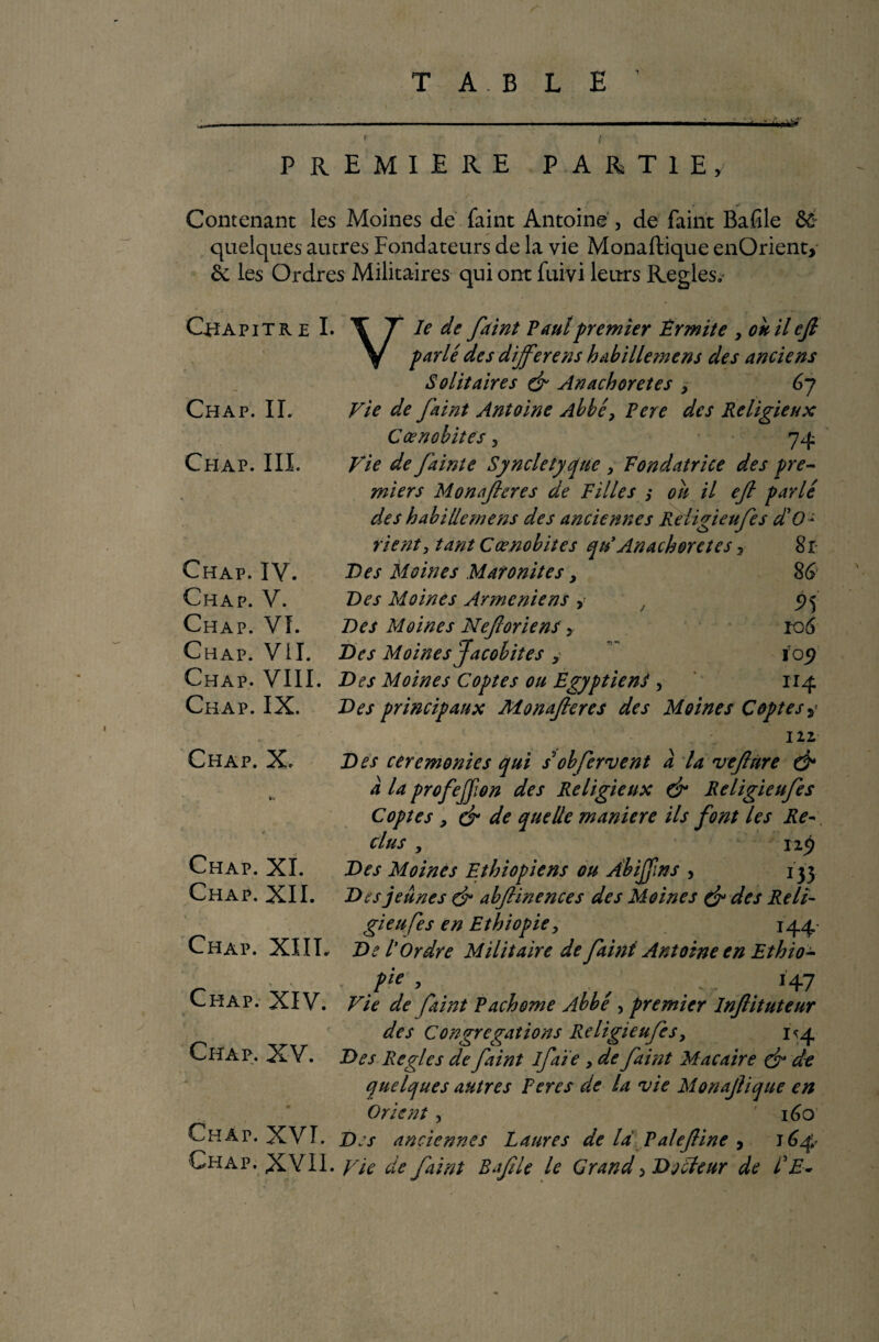 TABLE PREMIERE PARTIE, • J Contenant les Moines de faint Antoine , de faint Bafile quelques autres Fondateurs de la vie Monaftique enOrient, de les Ordres Militaires qui ont fuivi leurs Réglés.- CHAPITRE I. t • . * v Chap. IL Chap. III. Chap. IV. Chap. V. Chap. VI. Chap. Vil. Chap. VIII. Chap. IX. Chap. X. Chap. XI. Chap. XII. t « ’ . Chap. XIII. * * Chap. XIV. Chap. XV. Chap. XVI. Vie de faint Paul premier P r mite , ou il ejl parlé des dijferens habillemens des anciens Solitaires dp Anachorètes , 6y Vie de faint Antoine Abbé? Pere des Religieux Cœnobites 3 74 Vie de fainte Syncletyqtie , Fondatrice des pre¬ miers Monafteres de Pilles s oit il eft parlé des habillemens des anciennes Religieufes d'O1 rient> tant Cœnobites qu'Anachorètes, 81 Des Moines Maronites, 86 Des Moines Arméniens , 5)5 Des Moines Nef or ie ns > îo6 Des Moines Jacobites y  ioy Des Moines Coptes ou Egyptien1, 114 Des principaux Monafieres des Moines Coptes ,* 122 Des ceremonies qui s* obfer vent à la veftùre dp a la profejjion des Religieux dp Religieufes Coptes y & de quelle maniéré ils font les Re¬ clus y I IJ Des Moines Ethiopiens ou Àbijfins , 133 Dus jeunes & abfiinences des Moines dp des Reli¬ gieufes en Ethiopie> 144- De l'Ordre Militaire de faint Antoine en Ethio- îie > , . ... . *47 Vie de faint Pachome Abbe , premier Infiituteur des Congrégations Religieufes > 1^4 Des Réglés de faint ifaïe y de faint Macaire dp de quelques autres Per es de la vie Monaftique en Orient , 160 Des anciennes Laures de là P alefine , 164