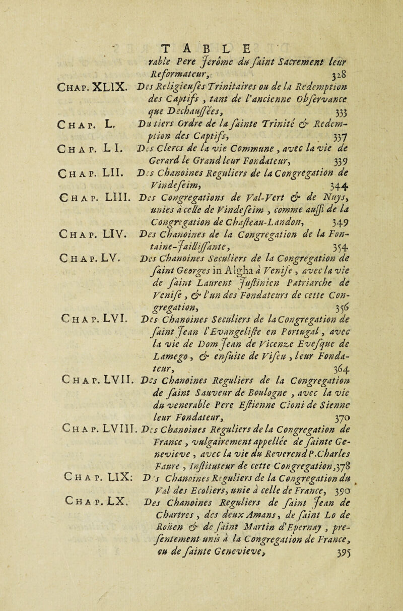 Chap. XLIX. Chap. L. Chap. L I. Chap. LII. Chap. LUI. Chap. LIV. Chap. LV. C ^ ' * Chap. LYL Chap. LVII. Chap. LVIII Chap. LIX: Chap. LX. TABLE rable Pere Jerome du faint Sacrement leur Reformate ur y 328 Des Religieufcs Trinitaires ou delà Rédemption des Captifs , tant de l'ancienne obfervance que D échauffée s y 333 Du tiers Ordre de la fainte Trînité & Rédem¬ ption des Captifs, 337 Des Clercs de la noie Commune , avec la vie de Gérard le Grand leur Fondateur, 339 Des chanoines Réguliers de la Congrégation de Vindefewh 344 Des Congrégations de Val-Vert & de Nuys> unies à celle de Vindefeim , comme aujfi de la Congrégation de C ha fie au-Lan don, 349 Des Chanoines de la Congrégation de la Fon¬ taine- jaillijfante y 334 Des Chanoines Séculiers de la Congrégation de faint Georges in Algha à Venije , avec la vie de faint Laurent ffinien Patriarche de Venife , & l'un des Fondateurs de cette Con¬ grégationy 3)6 Des Chanoines Séculiers de la Congrégation de faint Jean CEvangclifte en Portugal, avec la vie de Dom jean de Vicenze Evefque de Lame go , & en fuite de Vif eu , leur Fonda¬ teury . 364 Des Chanoines Réguliers de la Congrégation de faint Sauveur de Boulogne > avec la vie du venerahle Pere Eftienne Cioni de Sienne leur Fondateury 37a . Des Chanoines Réguliers de la Congrégation de France > vulgairement appellee de fainte Ge¬ neviève , avec la vie du Reverend P.Charles Faure , Infituteur de cette Congrégation,378 D s Chanoines Réguliers de la Congrégation du Val des Ecoliers, unie à celle de Francey 390 Des Chanoines Réguliers de faint Jean de Chartres , des deux Amans, de faint Lo de Rouen & de faint Martin dlEpernay > pre- fentement unis a la Congrégation de Francey ou de fainte Genevièvep 395