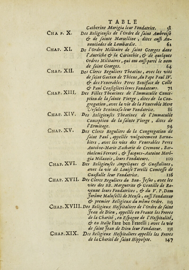 Cha p. X< CHAr. XI. Chap. XII. Chap. XIII, TABLE Catherine Morigia leur Fondatrice. 5$ Des Religieufes de l'Ordre de faint Ambroije & de fainte Marcelline > dites aujji An- nonciades de Lombardie. 61 De l'Ordre Militaire de faint Georges dans l< Autriche & la Carinthie, & de quelques Ordres Militaires, qui ont aujfi porté le nom de faint Georges. 64 Des Clercs Réguliers Theatins 3 avec les vies de faint Gaétan de Thiene >du Tape Paul IF. & des Vénérables Per es Boni face de Colle & Paul Confglieri leurs Fondateurs. 71 Des Filles Theatines de l'Immaculée Conce¬ ption de la fainte Vierge , dites de la Con¬ grégation y avec la vie de la Venerable Mere ZJrfule Benincafa leur Fondatrice. 86 &es Religieufes Theatines de /’Immaculée Conception de la fainte Vierge , dites de l'Ermitage. 5>4 Des Clercs Réguliers de U Congrégation de faint Paul, appellés vulgairement Barna- bites , avec les vies des Venerables Peres Antoine-Marie- Zacharie de Cre?none , Bar- thelemi Ferrari , & Jacques-Antoine Mori¬ gia Milanois, leurs Fondateurs. 100 Des Religieufes Angéliques & Guafalines, avec la vie de Louife Torelli Comtejfe de Guafalle leur Fondatrice. 116 Ch AP. XVII» F) es Clercs Réguliers du Bon- Je fus , avec les vies des BB. Marguerite & Gentille de Ra¬ ve nne leurs Fondatrices > & du V. P.Dom Jorome Malufelli de Menfa, aujfi Fondateur & premier Religieux du meme Ordre. 123 Ch AP. XVIII. Des Religieux Hofpitaliers de l'Ordre de faint Jean de Dieu > appellés en France les Freres de la charité y en Efpagne de l'Hofpit alité, & en Italie Fate ben Fratelli 5 avec la vie de faint Jean de Dieu leur Fondateur. 131 Chap. XIX. Des Religieux Hofpitaliers appellés les Freres de la Charité de faint Hippolyte. 147 Chap. XIV. Chap. XV. Chap. XVI.