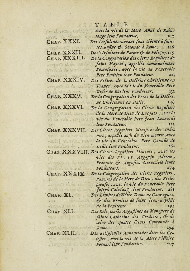 V \ i Chap. XXXI. Chap. XXXII. Chap. XXXIII. Chap. XXXIV, <* » \ Chap. XXXV. Chap. XXXVI. Chap. XXXVII. Chap. XXXVIII. Chap. XXXIX. : Chap. XL. Chap. XLL Chap. XLIL TABLE avec U vie de U Mere Anne de Xain- tonge leur Fondatrice. 212 Des TJrfuiines vivant fans clôture a fain- tes Rufine dr Seconde à Rome. 11G Des TJrfulinesde Parme & de Foligny.119 De la Congrégation des Clercs Réguliers de faint Mayeul, appelles communément Somafques, avec la vie du Venerable Pere Emilien leur Fondateur. 223 Des Prêtres de la Doffrine chrétienne en France , avec la vie du Venerable Pere Ce far de Bus leur Fondateur. 232 De la Congrégation des Peres de la Doffri- ne Chrétienne en Italie. 246 De la Congrégation des Clercs Réguliers de la Mere de Dieu de Lucques, avec la vie du Venerable Pere Jean Leonardi leur Fondateur, 252 Des Clercs Réguliers Mintjh es des Infir~ mes , appelles aujji du Bien-mourir >avec la vie du Venerable Pere Camille de Le/lis leur Fondateur, 263 Des Clercs Réguliers Mineurs , avec les vies des VV, PP. Augujlin Ad or no , François & Augufin Caracciolo leurs Fondateurs. 274 De la Congrégation des Clercs Réguliers, Pauvres de la Mere de Dieu , des Ecoles pieufes, avec la vie du Venerable Pere Jofeph CalafanT^ leur Fondateur, 281 Des Ermites deNotre Dame de Gonz,agues> & des Ermites de faint Jean-Baptijle de la Penitence, 291 Des Religieufes Augufiines du Monaflere de fainte Catherine des Cordiers , & de celuy des quatre faint s Couronnés a Rome. ■ 25)4 Des Religieufes Annonciades dites les Ce- leftes y avec la vie de la Mere Viffoire Fornari leur Fondatrice. 197