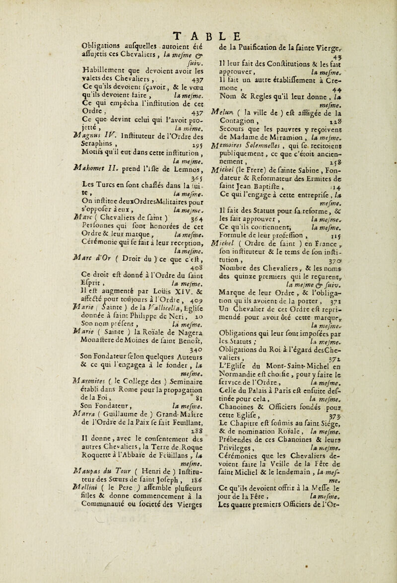 Obligations aufquelles auroient été affujetis ces Chevaliers , la mej'me & fuiv. Habillement que dévoient avoir les valets des Chevaliers, 437 Ce qu’ils dévoient fçavoir, & le vœu qu’ils dévoient taire , la mejme. Ce qui empêcha i’inftitution de cet Ordre, 437 Ce que devint celui qui Tavoit pro¬ jette , la même. Magnus IV. Inftituteur de l’Ordre des Séraphins , Motifs qu’il eut dans cette inftitution , la mejme. Mahomet II» prend Tille de Lemnos, 3l6î Les Turcs en font ch allés dans la (ui- * la mejme. On inftitoe deuxOrdresMîlitaires pour s’oppofer deux , U mejme, Marc ( Chevaliers de faint ) 364 Per fon nés qui font honorées de cet Ordre & leur marque y la mefme. Cérémonie qui fe fait à leur réception* la mejme. Marc d Or ( Droit du ) ce que ceft, 408 Ce droit eft donné à l’Ordre du faint Lfprit , la mejme. II eft augmenté par Louis XIV. & affedlé pour toujours à l’Ordre , 409 Marie ( Sainte ) de la Valltcella, Eglifc donnée à faint Philippe de Neri, 10 Son nom préfen.t , U mejme. Marie ( Sainte ) la Roïale de Nagera Monaftere de Moines de faint Benoit, 340 Son Fondateur félon quelques Auteurs & ce qui l’engagea à le fonder , la mefme. Maronites ( le College des } Séminaire établi dans Rome pour la propagation de la Foi, gi Son Fondateur * la mefme. Marra ( Guillaume de ) Grand-Maître de l'Ordre de la Paix fe fait Feuillant, z88 Il donne, avec le eonfentement des autres Chevaliers, la Terre de Roque Roquette à l’Abbaïe de Fcüillans y la mefme. Maupas du Tour ( Henri de ) Inftitu- teur des Sœurs de faint Jofeph , i8tf Mellini ( le Pere ) affemble plufieurs hiles & donne commencement à la Communauté ou focieté des Vierges de la Purification de la fainte Vierge,- 45 Il leur fait des Gonftitutions & les fait approuver, la mefme. Il fait un autre écabliffement à Cre- mone , ^ ^ Nom ôc Réglés qu’il leur donne , la mefme. Melun ( la ville de ) eft affligée de la Contagion , *1$ Secours que les pauvres y reçoivent de Madame de Miramion , la mejme„ Mémoires Solemnelles , qui fc recitoienc publiquement, ce que c’étoit ancien¬ nement , if 8 Michel (le Frere) de fainte Sabine , Fon¬ dateur & Reformateur des Ermites de faint Jean Baptifte , 114 Ce qui l’engage à cette entreprife , la mefme. Il fait des Statuts pour fa reforme, <3£ les tait approuver , la mejme„ Ce qu’ils contiennent, la mefme. Formule de leur profefflon , nj Michel ( Ordre de faint ) en France r fon inftituteur & le tems de fon infti¬ tution , 3 y (y Nombre des Chevaliers, & les noms des quinze premiers qui le reçurent, la mefme & fuiv. Marque de leur Ordre , & Tobliga- tion qu ils avoient de la porter , 371 Un Chevalier de cet Ordre eft repri- mendé pour avoir ôté cette marque, la mefme* Obligations qui leur font impofées par les Statuts ; la mejme* Obligations du Roi à l’égard desChe- valiers, 37*, LTglifc du Mont-Saint-Michel en Normandie eft choifîe , pour y faire le fcrvice de l’Ordre , la mejme. Celle du Palais à Paris eft enfuite def- tinée peur cela , la mejme0 Chanoines & Officiers fondés pour cette Eglife, • 37 ÿ\ Le Chapitre eft fournis au faint Siège, & de nomination Roïale , la mejme. Prébendes de ces Chanoines & leurs Privilèges , la mejme. Cérémonies que les Chevaliers dé¬ voient faire la Veille de la Fête de faint Michel & le lendemain , la mef* me„ Ce qu’ils dévoient offrir à la Meffe le jour de la Fête , la mefme-, Les quatre premiers Officiers de l’Or-