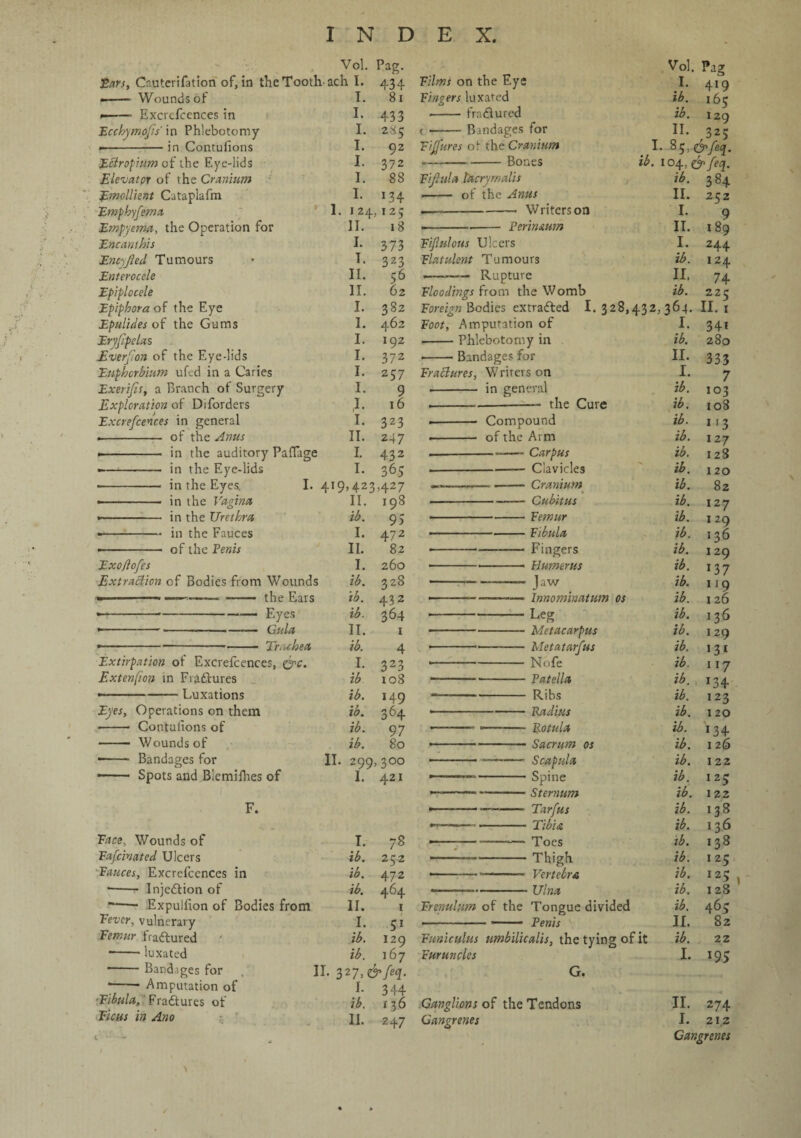 Vol. Pag. Bars, Cauterifation of, in the Tooth- ach I. 434 --Wounds of I. 81 -- Excrefcences in I. 433 Ecchymojis in Phlebotomy I. 2^5 --— in Contufions I. 92 Jittropium of the Eye-lids I. 372 Elevator of the Cranium 1. 8S Emollient Cataplafm I. 134 Empbyfema 1. 124 125 Empyema, the Operation for II. 18 Encanthis I. 373 Encyjled Tumours T. 323 Enterocele II. 56 Epiplocele II. 62 Epiphora of the Eye I. 382 Epulides of the Gums I. 462 Eryfipclas I. 192 Everjion of the Eye-lids I. 372 Euphcrbium ufed in a Caries I. 257 Exerifis, a Branch of Surgery I. 9 Exploration of Diforders ,1- 16 Excrefcences in general I. 323 .-— of the Anus II. 247 .- in the auditory PafTage I. 432 ——-—- in the Eye-lids I. 365 •- in the Eyes, I. 419,423,427 — ■■■ ■ in the Vagina II. 198 <- in the Urethra ib. 95 ■»-in the Fauces I. 472 --- of the Penis II. 82 Exoflofes I. 260 Extraction of Bodies from Wounds ib. 328 ■ —-—--- -—— the Ears ib. 432 •---—- Eyes ib. 364 •--—— Gula II. 1 •-Trachea ib. 4 Extirpation of Excrefcences, &C. I. 323 Extenfion in Fraftures ib xo8 - 1 --Luxations ib. 149 Eyes, Operations on them ib. 364 ■-- Contufions of ib. 97 - Wounds of ib. 80 -- Bandages for II. 2QQ, 300 ——— Spots and Blemifhes of I. 421 F. F'ace. Wounds of Fafcinated Ulcers Fauces, Excrefcences in * -- Injection of —— Expulfion of Bodies from Fever, vulnerary Femur fraftured * -luxated ■-Bandages for * -* ■Amputation of ■Fibula,, Fradtures of Ficus in Ano II. Films on the Eye Fingers luxated -fradfured t -- Bandages for Figures of the Cranium .-Bones Fijhtla tacry mails •- of the Anus —-- Writers on Perin&um Fijlnlous Ulcers Flatulent Tumours --• Rupture Floodings from the Womb Foreign Bodies extracted Foot, Amputation of --Phlebotomy in -Bandages for Fractures, W riters on .- in general the Cure I. 78 ib. 252 ib. 472 ib. 464 II. 1 I. 51 ib. I29 ib. 167 3 2 7>&M- }• 344 ib. 13 6 II. 247 Compound of the Arm -Carpus Clavicles Cranium Cubitus Femur Fibula Fingers Humerus Jaw Innominatum os Leg Metacarpus Metatarsus Nofe Patella Ribs Radius Rotula Sacrum os Scapula Spine Sternum Tarfus Tibia Toes Thigh Vertebra Ulna Frenulum of the Tongue divided ■—.-- Penis Funiculus umbilicalis, the tying of it Furuncles G. Ganglions of the Tendons Gangrenes Vol I. ib. ib. II. I. 8;, ib. 104, ib. II. I. II. I. ib. II. ib. I. 328,432,364. I. ib. II. I. ib. ib. ib. ib. ib. ib. ib. ib. ib. ib. ib. ib. ib. ib. ib. ib. ib. ib. ib. ib. ib. ib. ib. ib. ib. ib. ib. ib. ib. ib. ib. ib. ib. II. ib. I. ■ P*g 419 165 129 325 &feq. 384 252 9 x 89 244 124 74 225 II. 1 34* 280 333 7 03 08 •3 27 28 20 82 27 29 36 29 37 19 26 36 29 31 *7 34 23 20 34 26 22 25 22 3« 36 38 25 2? , 28 465 82 22 195 II. 274 I. 212 Gangrenes