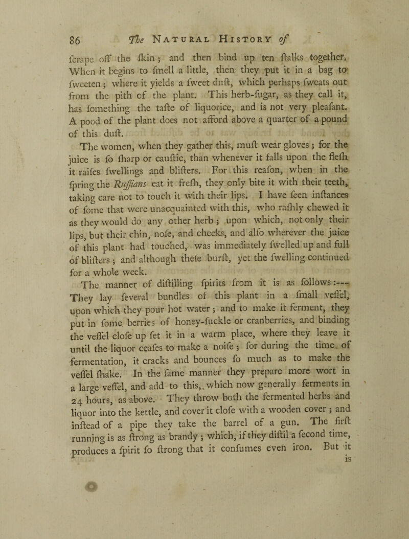 fcrapc off the ffin; and then bind up ten flalks together. When it begins to fmell a little, then they ;put it in a bag to- fvveeten ; where it yields a fweet diift, which perhaps fweats out from the pith of the plant. This herb-fugar, as they call it, has fomething the tafte of liquorice, and is not very pleafant. A pood of the plant does not afford above a quarter of a pound of this dud. The women, when they gather this, muff wear gloves; for the juice is fo fliarp or cauffic, than whenever it falls upon the fleffi it raifes fwellings and bliffers. For this reafon, when in the fpring the RuJJians eat it freffi, they only bite it with their teeth, taking care not to touch it with their lips. 1 have feen inffances of fome that were unacquainted with this, who raihly chewed it as they would do any other herb ; upon which, not only their lips, but their chin, nofe, and cheeks, and alfo wherever the juice of this plant had touched, was immediately fwelled up and full of bliffers ; and although thefe burff, yet the fwelling continued for a whole week. The manner of diffilling fpirits from it is as follows:— They lay feveral bundles of this plant in a fmall vellel, upon which they pour hot water; and to make it ferment, they put in fome berries of honey-fuckle or cranberries, and binding the veflel dole up fet it in a warm place, where they Fave it until the liquor ceafes to make a noife j for during the time, of fermentation, it cracks and bounces fo much as to make the veffei fliake. In the fame manner they prepare more wort in a large veffei, and add to this,, which now generally ferments in 2ф hours, as above. They throw both the fermented herbs and liquor into the kettle, and cover it clofe with a wooden cover j and inffead of a pipe they take the barrel of a gun. The firff running is as ffrong as brandy j which, if they diffil a fecond time, .produces a fpirit fo ffrong that it confumes even iron. But it