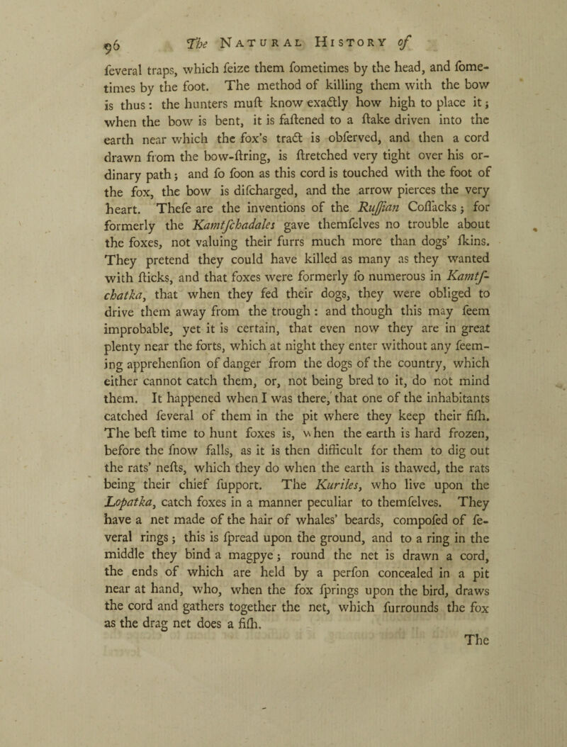 feveral traps, which feize them fometimes by the head, and Tome- times by the foot. The method of killing them with the bow is thus: the hunters muft know exactly how high to place it j when the bow is bent, it is faftened to a flake driven into the earth near which the fox’s trad is obferved, and then a cord drawn from the bow-flring, is flretched very tight over his or¬ dinary path; and fo foon as this cord is touched with the foot of the fox, the bow is difcharged, and the arrow pierces the very heart. Thefe are the inventions of the Rujjian Coflacks 5 for formerly the Kamt/chadaki gave themfelves no trouble about the foxes, not valuing their furrs much more than dogs’ Ikins. They pretend they could have killed as many as they wanted with flicks, and that foxes were formerly fo numerous in Kmntf chatka, that when they fed their dogs, they were obliged to drive them away from the trough: and though this may feem improbable, yet it is certain, that even now they are in great plenty near the forts, which at night they enter without any feem- ing apprehenfion of danger from the dogs of the country, which either cannot catch them, or, not being bred to it, do not mind them. It happened when I was there,' that one of the inhabitants catched feveral of them in the pit where they keep their fifli. The befl time to hunt foxes is, \л Ьеп the earth is hard frozen, before the fnow falls, as it is then difKcult for them to dig out the rats’ nefls, which they do when the earth is thawed, the rats being their chief fupport. The Kuriles^ who live upon the Lopatka, catch foxes in a manner peculiar to themfelves. They have a net made of the hair of whales’ beards, compofed of fe¬ veral rings; this is fpread upon the ground, and to a ring in the middle they bind a magpye; round the net is drawn a cord, the ends of which are held by a perfon concealed in a pit near at hand, who, when the fox fprings upon the bird, draws the cord and gathers together the net, which furrounds the fox as the drag net does a filh. The