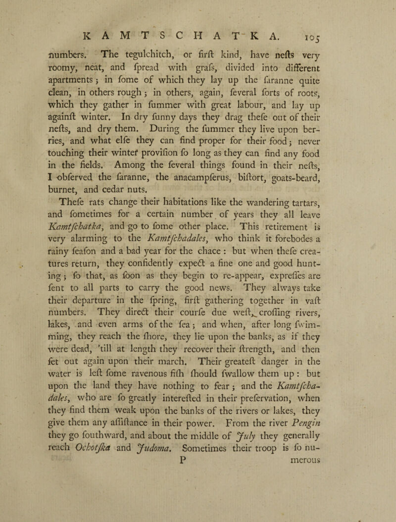 numbers. The tegulchitch, or firft kind, have nefts very- roomy, nёat, and fpread with grafs, divided into different apartments; in fomc of which they lay up the faranne quite clean, in others rough; in others, again, feveral forts of roots, which they gather in fummer with great labour, and lay up againft winter. In dry funny days they drag thefe out of their nefts, and dry them. During the fummer they live upon ber¬ ries, and what elfe they can find proper for their food; never touching their wintef provifion fo long as they can find any food in the fields. Among the feveral things found in their nefts, I obferved the faranne, the anacampferus, biftort, goats-beard, burnet, and cedar nuts. Thefe rats change their habitations like the wandering tartars, and fometimes for a certain number, of years they all leave Kamtfchdtka, and go to fome other place. This retirement is very alarming to the Kamtfchadales^ who think it forebodes a rainy feafon and a bad year for the chace : but when thefe crea¬ tures return, they confidently expedl a fine one and good hunt¬ ing j fo that, as foon as they begin to re-appear, expreffes are fent to all parts to carry the good news. They always take their departure in the fpring, firft gathering together in vaft numbers. They diredl their courfe due weft,^crofilng rivers, lakes, .and even arms of the fea; and when, after long fwim- fning, they reach the ftiore, they lie upon the banks, as if they were dead, 'till at length they recover their ftrength, and then fet out again upon their march. Their greateft danger in the water is bft fome ravenous fifti fhould fwallow them up: but upon the land they have nothing to fear; and the Kafnt/cha-^ dales, who are fo greatly interefted in their prefervation, when they find them weak upon the banks of the rivers or lakes, they give them any afllftance in their power. From the river Pengin they go fouthward, and about the middle of July they generally reach Ochotjka and yudoma. Sometimes their troop is fo nu- P merous \