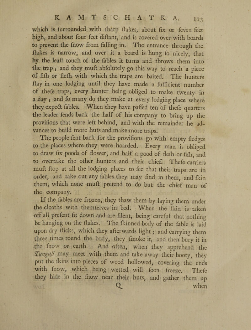which is furrounded with fharp flakes, about fix or feven feet high, and about four feet diflant, and is covered over with boards to prevent the fnow from falling in. The entrance through the ' flakes is narrow, and over it a board is hung fo nicely, that by the leafl touch of the fables it turns and throws them into the trap j and they mufl abfolutely go this way to reach a piece of fifli or flefli with which the traps are baited. The hunters flay in one lodging until they have made a fuflicient number of thefe traps, every hunter being obliged to make twenty in a day ; and fo many do they make at every lodging place where they expeft fables. When they have palTed ten of thefe quarters the leader fends back the half of his company to bring up the provifions that were left behind, and with the remainder he ad¬ vances to build more huts and make more traps. The people fent back for the provifions go with empty fledges to the places where they were hoarded. Every man is obliged to draw fix poods of flower, and half a pood of flefli or fifli, and to overtake the other hunters and their chief. Thefe carriers mufl flop at all the lodging places to fee that their traps are in order, and take out any fables they may find in them, and fkin them, which none mufl pretend to do but the chief man of the company. If the fables are frozen, they thaw them by laying them under the cloaths with themfelves'in bed. When the fkin is taken off all prefent fit down and are filent, being careful that nothing be hanging on the flakes. The fkinned body of the fable is laid upon dry flicks, which they afterwards light j and carrying them three times round the body, they fmoke it, and then bury it in the fnow or earth. And often, when they apprehend the ^Tungufi may meet with them and take away their-booty, they put the fkins into pieces of wood hollowed, covering the ends with fnow, which being wetted will foon ' freeze. Thefe they hide in the fnow near their huts, and gather them up Q, when