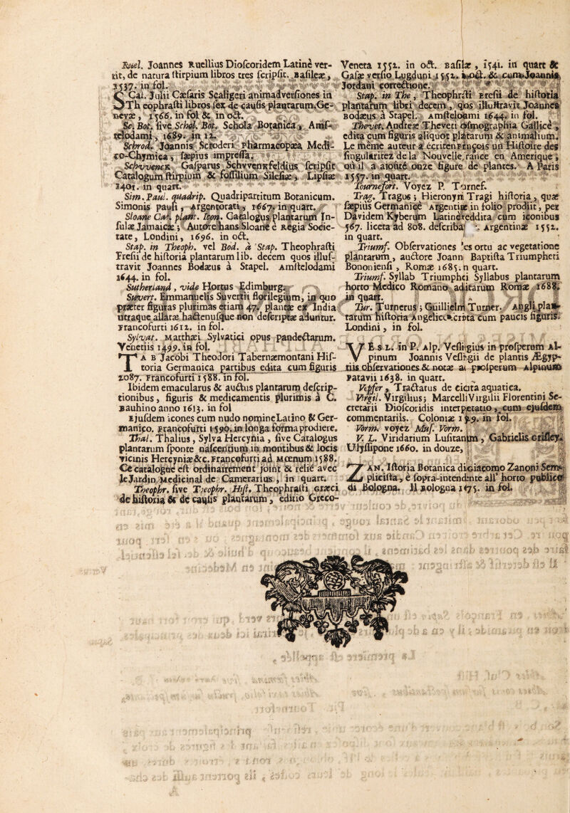 . in The, Theophrdi Erefii de hiftotia tn libti decem , qos illuftra vit Joannes bodæus à Stapel. Amfteloami 1644. in foi. Sc. Bot. live SchoL Bot. Schola Botanica , Amf~ Thevet. Andrew Thcveti drfmographia Gallicè , çclodami, 1689. in éditacumfigüris aliquot platarum & animalium. Schrod. Jpannis; Scsoderi pttarmacbpæa Medi- Le même auteur a écritcnFreçois un Hvftoire de$ co-Chymica, fæpius împrefla. fingularitez de la Nouvelle, rance en Amérique, SchvvencK Gafparus SchvvcnKfeldius fcripfit 011 il a aidiité onze figure de plantes. A Paris Caralogum ftirpium & foflilium Silefiæ > Lipfiæ 15 57. in quart. 3401. in quart. Tourne fort. Voyez P. Torncf. Sim.Taui. quadrip. Quadripartitum Botanicum. Trqg. Tragus 5 Hieronym Tragi hiftoria > qu* Simonis pault , Argentorati, 1667. in quart. fæpius Germani ce Argentine in folio prodiit, per Sloane Cap, plant. tton. Catalogua plaqtarum In- Davidem Kyberum Latinèteddita cum iconibus fulæ Jamaicâe-, Aut^eljans Sloatile Regia Socie- \6y. liceta ad 808. deferibâï Argentinæ 1551. rate, Londini, 1696. in od. in quart. Stap. in Theoph. vcl Bod. à ’Stap. Theophrafti Tnumf Oblèrvationes ’cs ortu ac végétations Frefii de hiftoria plantarumlib. decem quos illuf- plàntarum , audore Joann Baptifta Triumphed travit Joannes Bodæus à Stapel. Arnltclodami Bononienfi , Romæ 1685.0 quart. 1644. in fol. Triumf Syllab Triumphei Syllabus plantarum Sutherland, 'vide Hortus Edimburg. horto Mcdico Romano adicarutn Romæ 1688. Suvert. Emmanuclis Suyertii florilcgium, in quo in quart, præter figuras plurimas etiarn 47. planche ex Tndia Tur. Turncrus > Guiliiclni Turner- ad^ utraque allatæ hadenuique non defcriptæ aduntur. tarum niftoria Angelice*cri)ta cum paucis ïrancofurti 1611. in foi. Londini, in fol. Syi-vat. Matthæi Sylvatici opus pandedarum. Vcnetiis 1499. i» fol. T 7 E s l. in P. AÎp. Vefliigiu* in profperum a1- Ta b Jacobi Thcodori Tabernæmontani Hif- V pinum Joannts Veflfgii de piantis Ægyp* toria Germanica partibus édita cumfiguris. tiis obfervanones & notæ ai ppoiperum Alpinuan 1087. francofurti 1588. in fol. patavii 1638. in quart. Ibidem emacularus & audus plantarum delcrip- ,Tradar us de cia ta aquarica. tionibus, figuris & medicamentis plurimis à C. Vtrgil.Virgiliusj MarcelliVirgilii Fiorentini 3e- sauhinoanno 1613. in fol ^ cretarii Diofcoridis inteipetatio, cum ejufdem 1 jufdem icônes cum nudo norpincLatino U Ger- commentariis. Colonise 1 in fol. mani^o. Erancpfurti 1590.in longa formaprodiere, Vorm. voyez Muf. Vorm. Thaï. Thalius, Sylva Hcrcynia , five Càtalogus V L. Viridarium Lufitanim, Gabrielis orifleyi planrarum fponre nafeentiumin montibus & loris Ulyflipone 1660. in douze, (0 an. Iftoria Botanica diciacomoZanon? Sem^ ___ . ....... _ piicilfâ>è lbpra-intendîntcail* horto public# Tbeophr. five Tiecphr. Hf, Thcophralfi cræci di Bologna, 11 aologua H75. in foi. de hiftoria U de caqlis plautarum, editio Greco- ai ' S' /iJ- at SD O CI . 'Il C' : & : SIII II k  Pi !£d t • Sî 1 11 ‘ .£ fl' : Jfîi* '* f P 3 Ûl